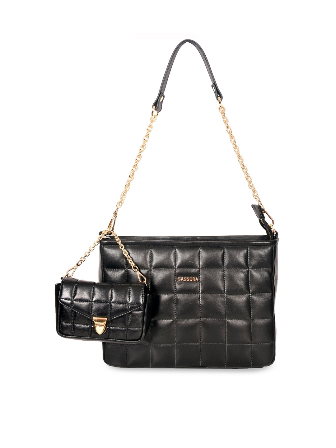 

Sassora Black Textured Leather Structured Shoulder Bag with Quilted