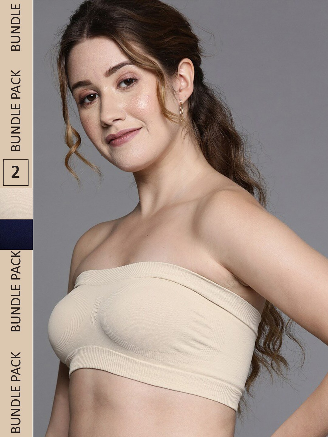 

Inddus Beige & Navy Blue Pack Of 2 Bandeau Non Padded Bra