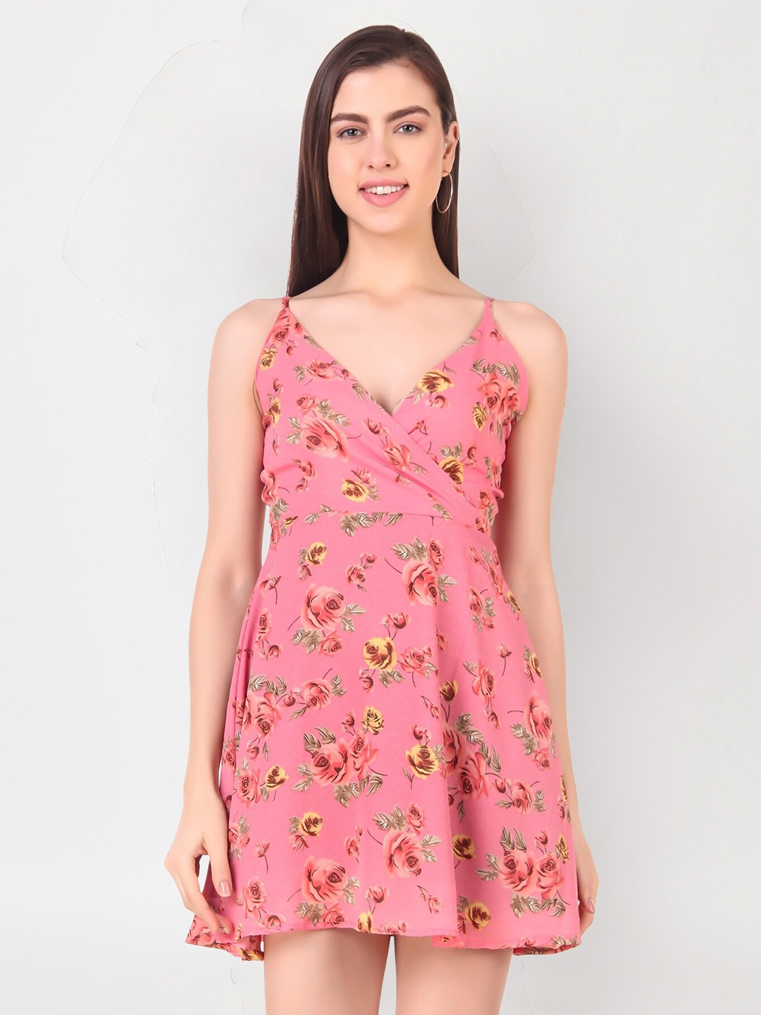 

Womenster Pink Floral Georgette Mini Dress