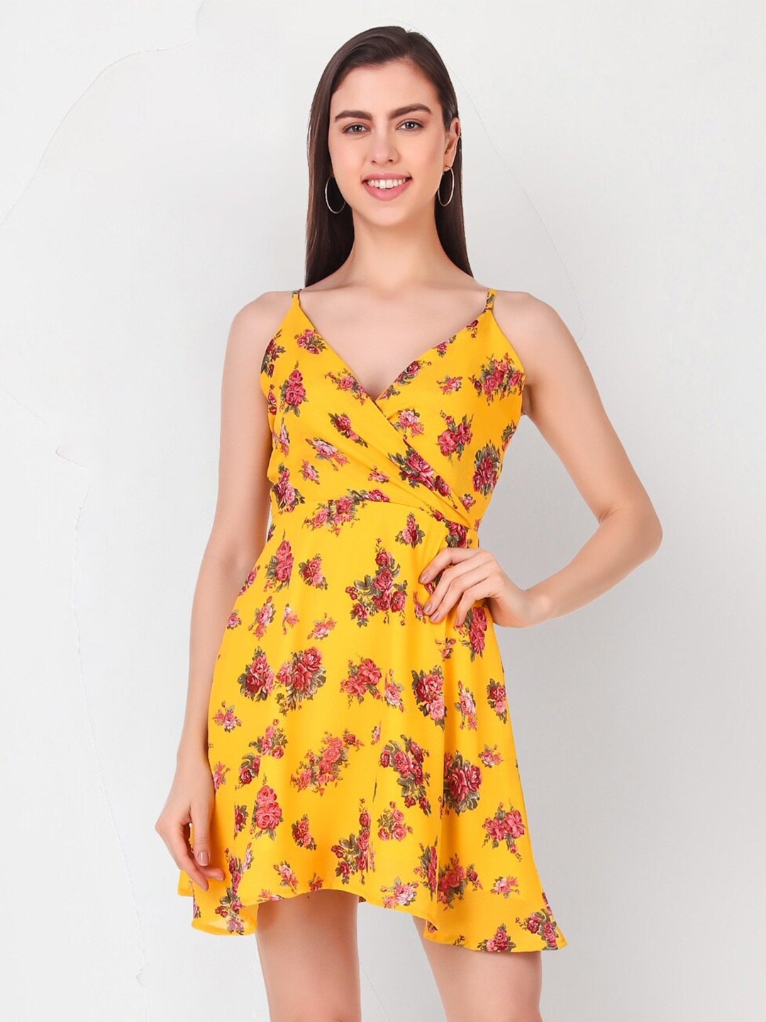 

Womenster Mustard Yellow Floral Printed Wrap Dress