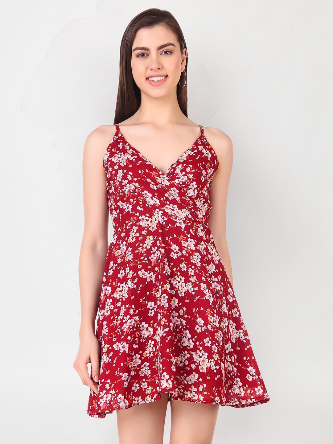 

Womenster Maroon Floral Printed Wrap Dress