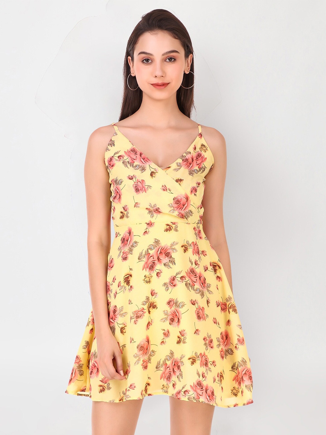 

Womenster Yellow Floral Printed Wrap Dress