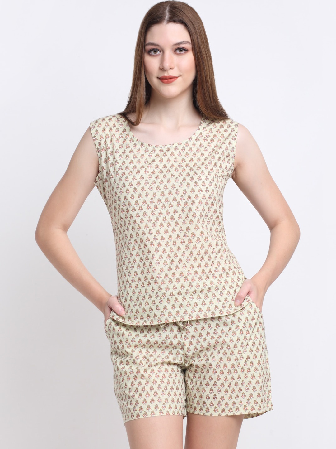 

KALINI Women Floral Printed Pure Cotton Night suit, Beige