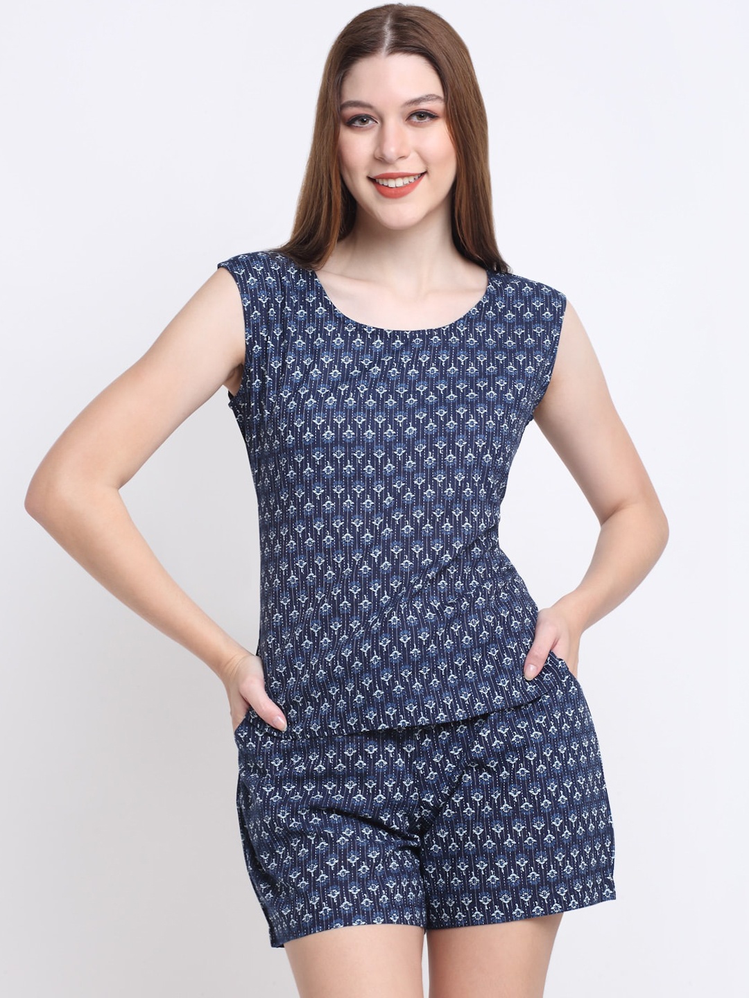 

KALINI Women Floral Printed Pure Cotton Night suit, Blue
