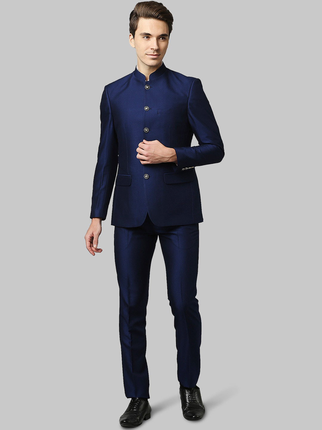 

Raymond Men Blue Self-Design Slim-Fit Bandhgala 2 Piece Suits