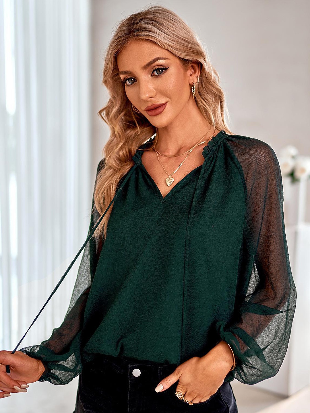 

StyleCast Tie-Up Neck Regular Top, Green
