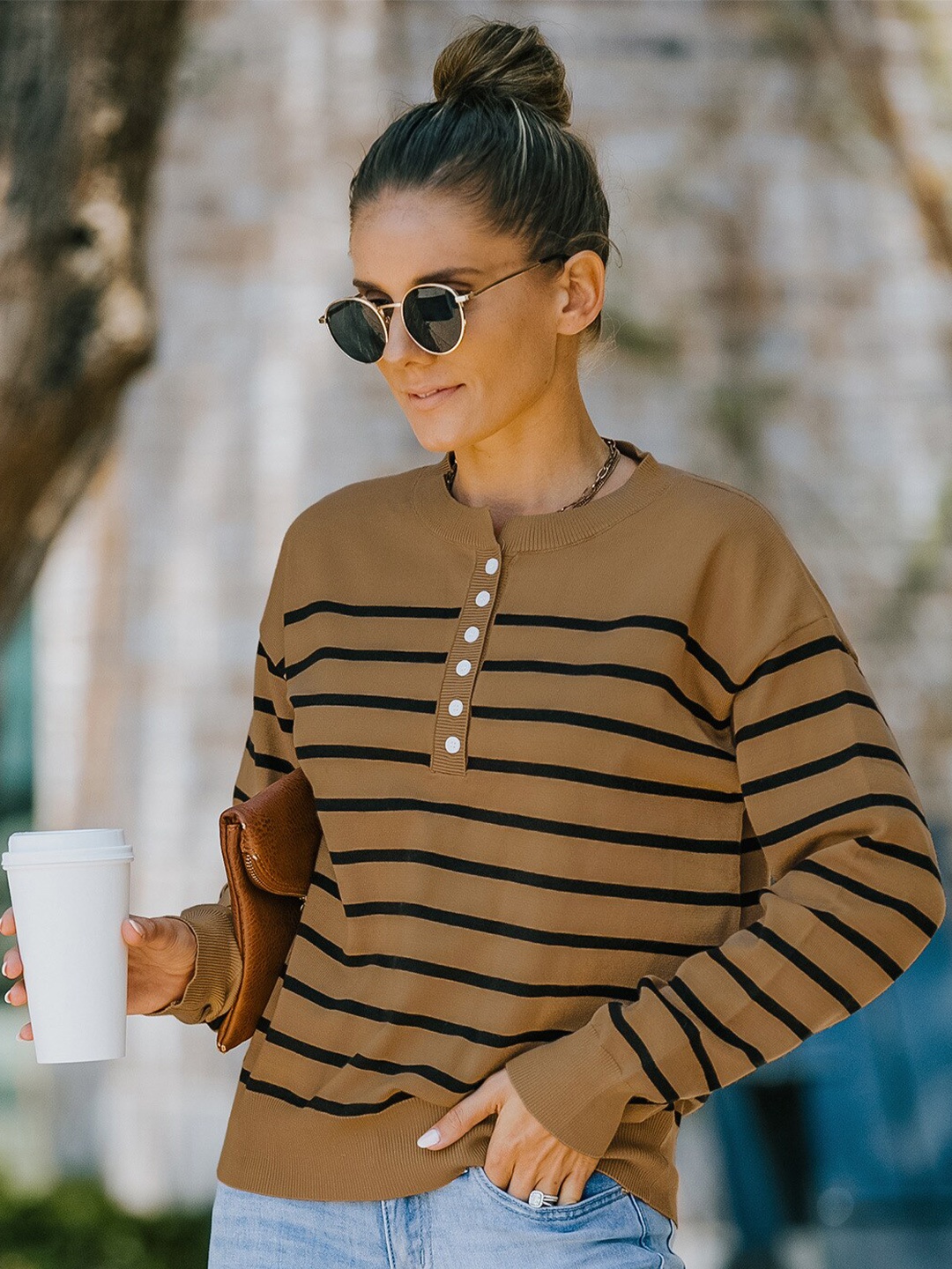 

StyleCast Brown & Black Horizontal Striped Acrylic Top