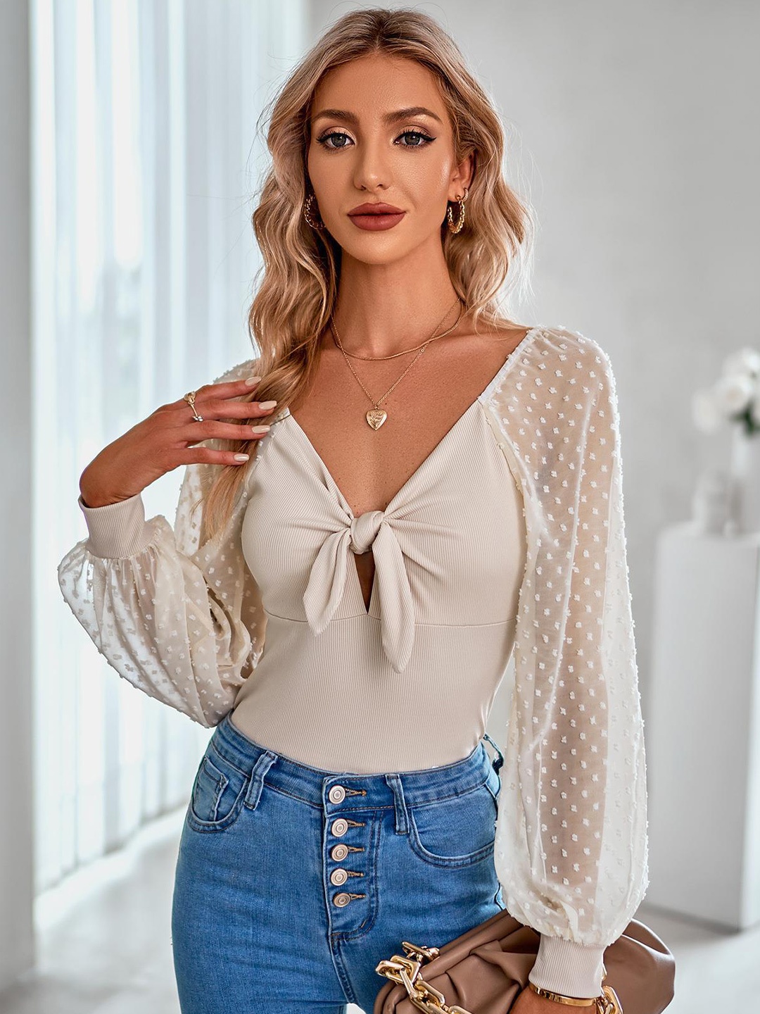 

StyleCast Beige Tie-Up Neck Top