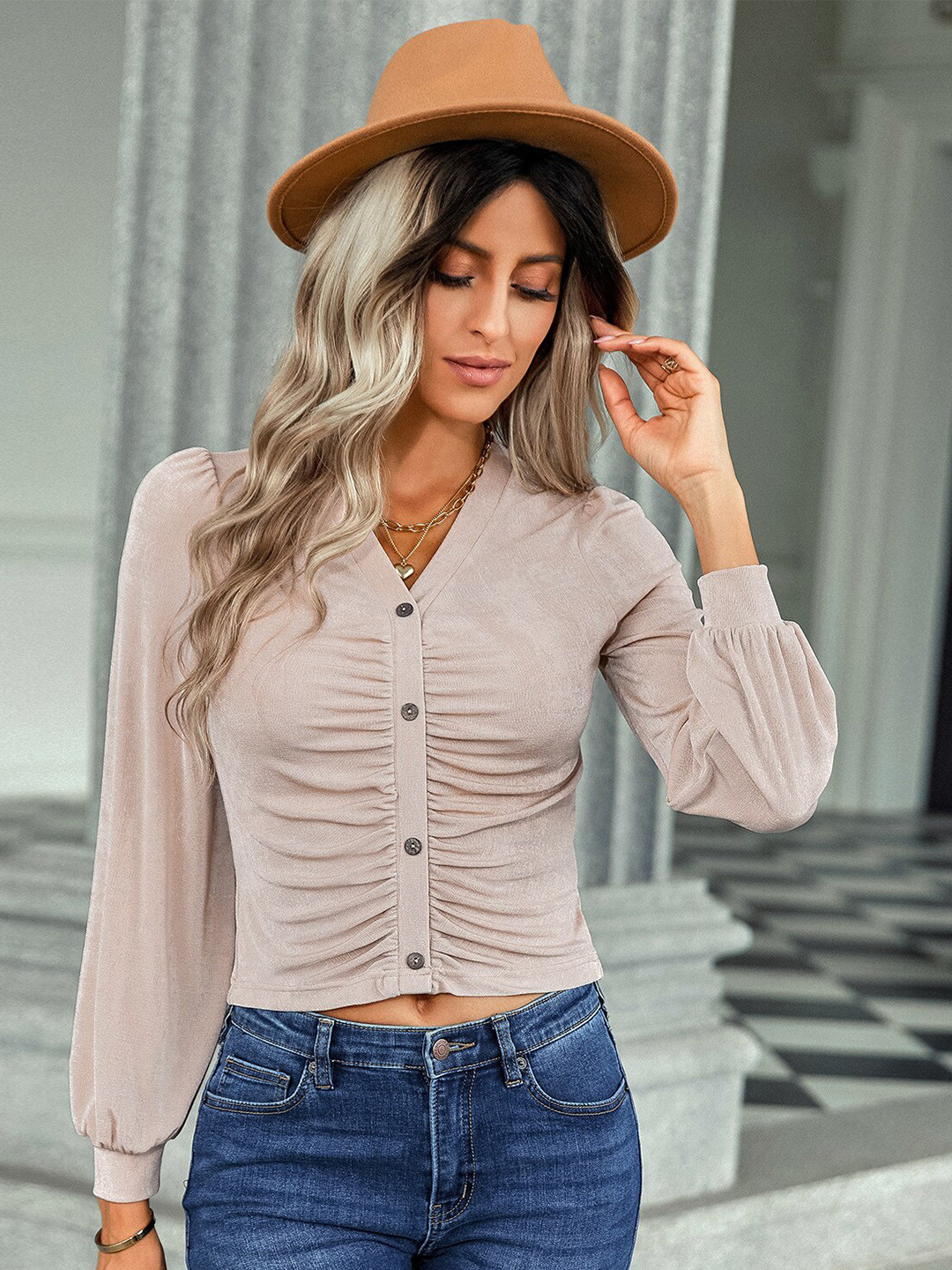 

StyleCast Beige Gathered Shirt Style Top