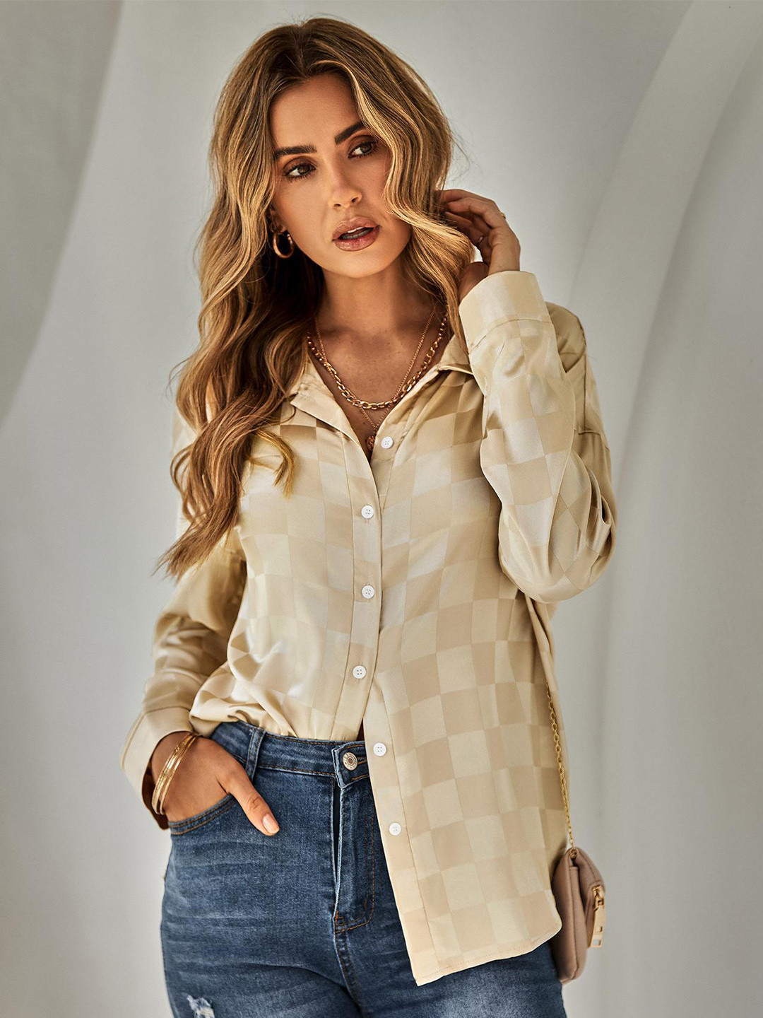 

StyleCast Beige Checked Shirt Style Top