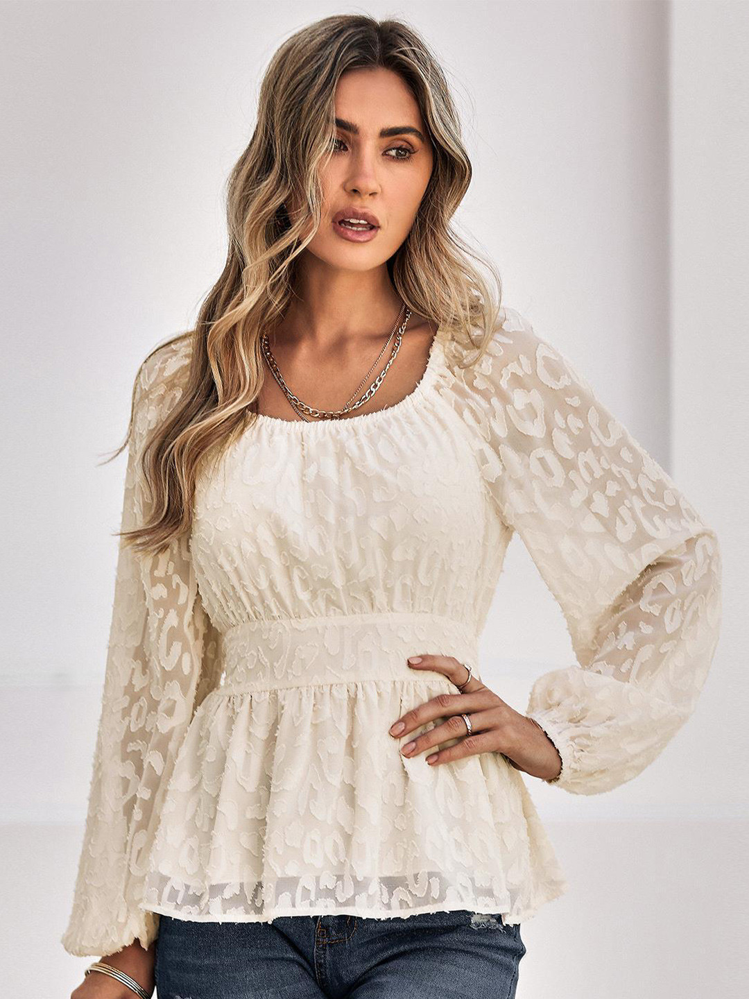

StyleCast Beige Self Design Peplum Top