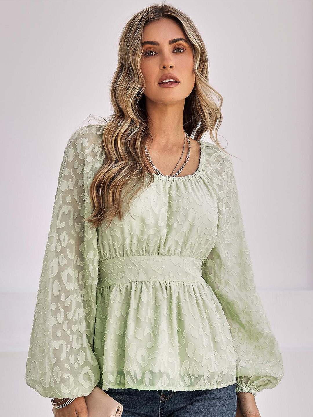 

StyleCast Green Self Design Peplum Top