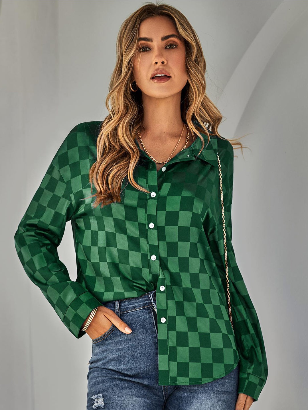 

StyleCast Green Print Shirt Style Top