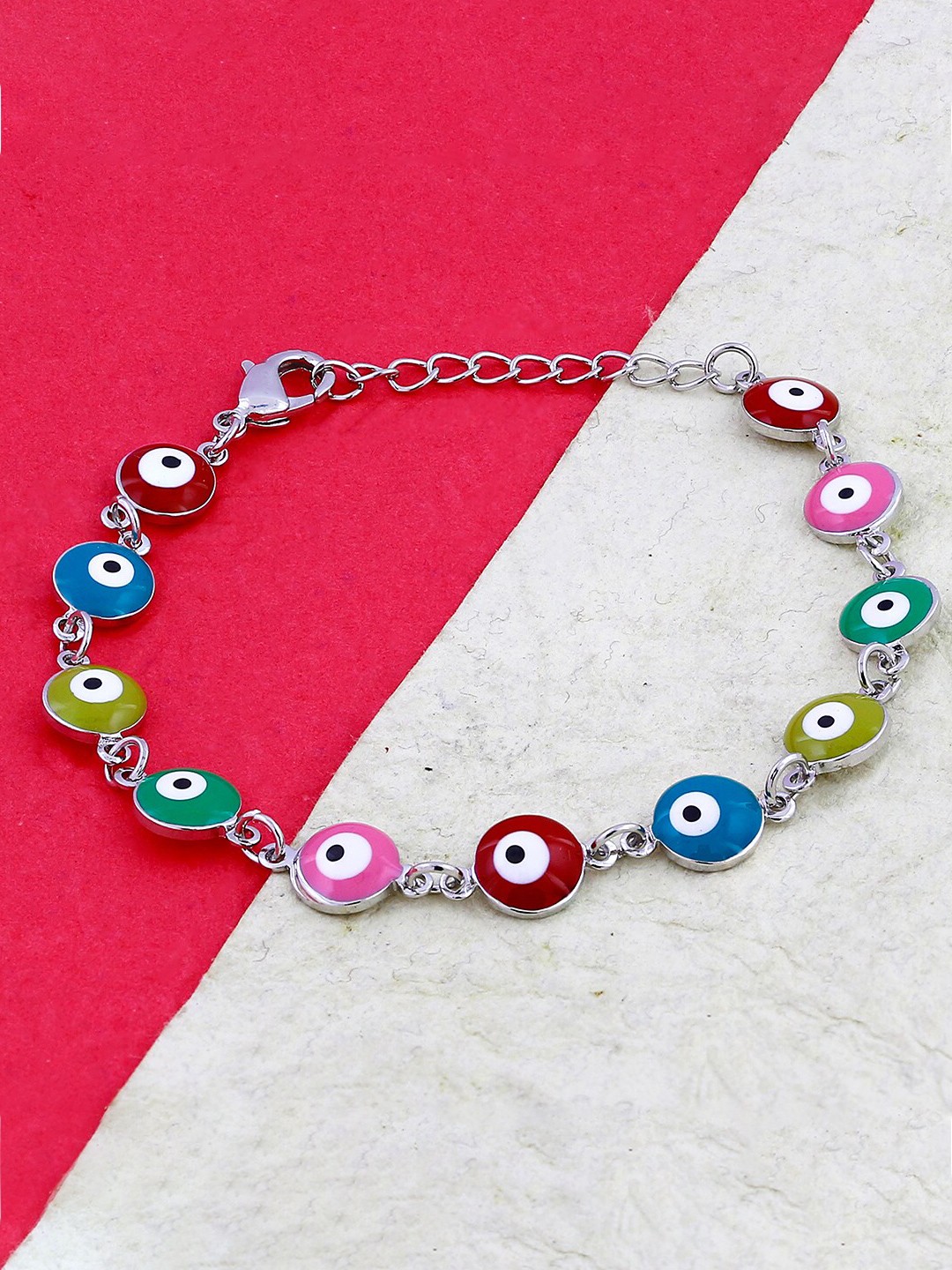 

ZIVOM Women Silver-Toned & Pink Brass Enamelled Silver-Plated Link Bracelet
