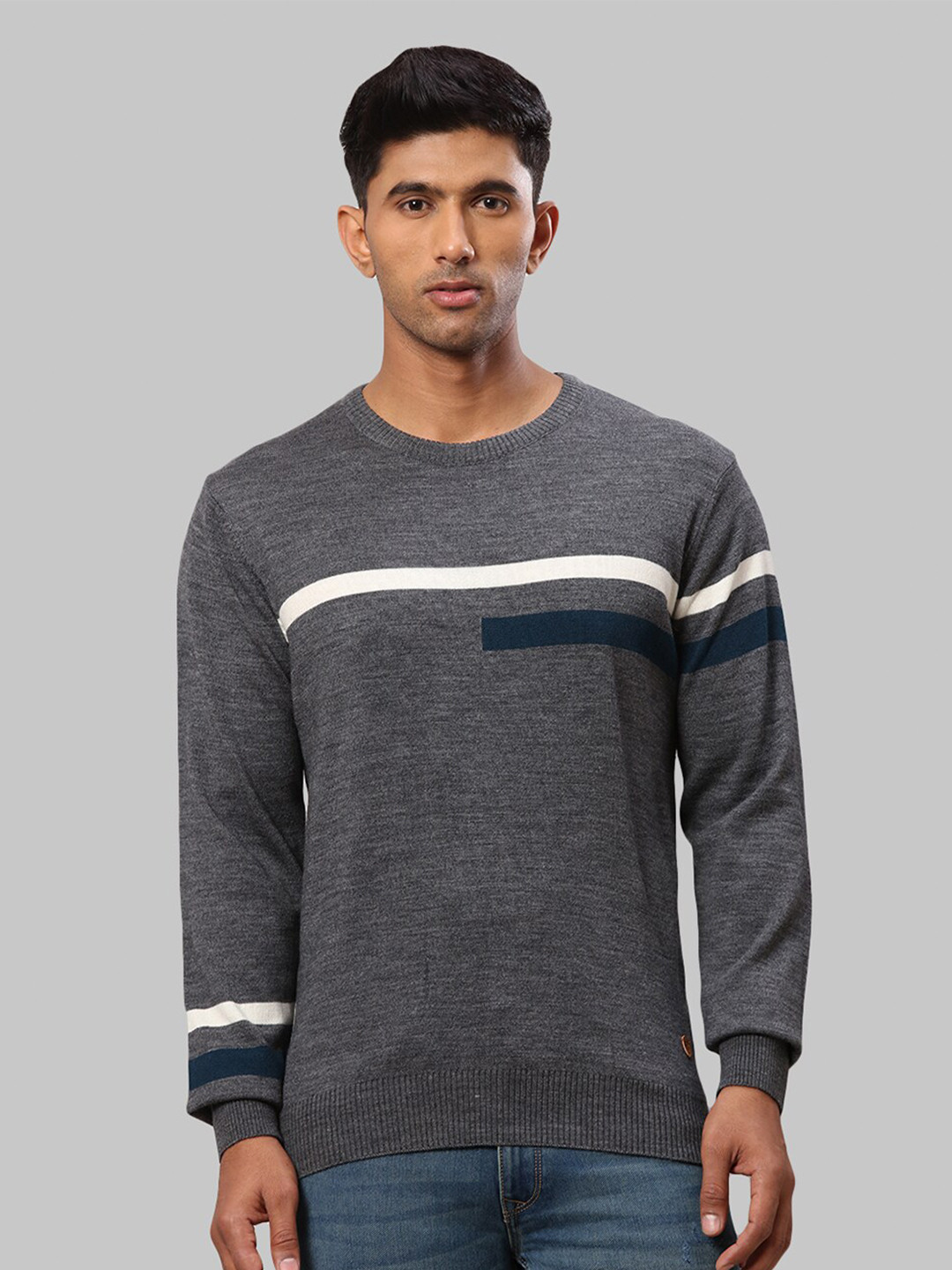 

Raymond Men Grey & White Striped Pullover