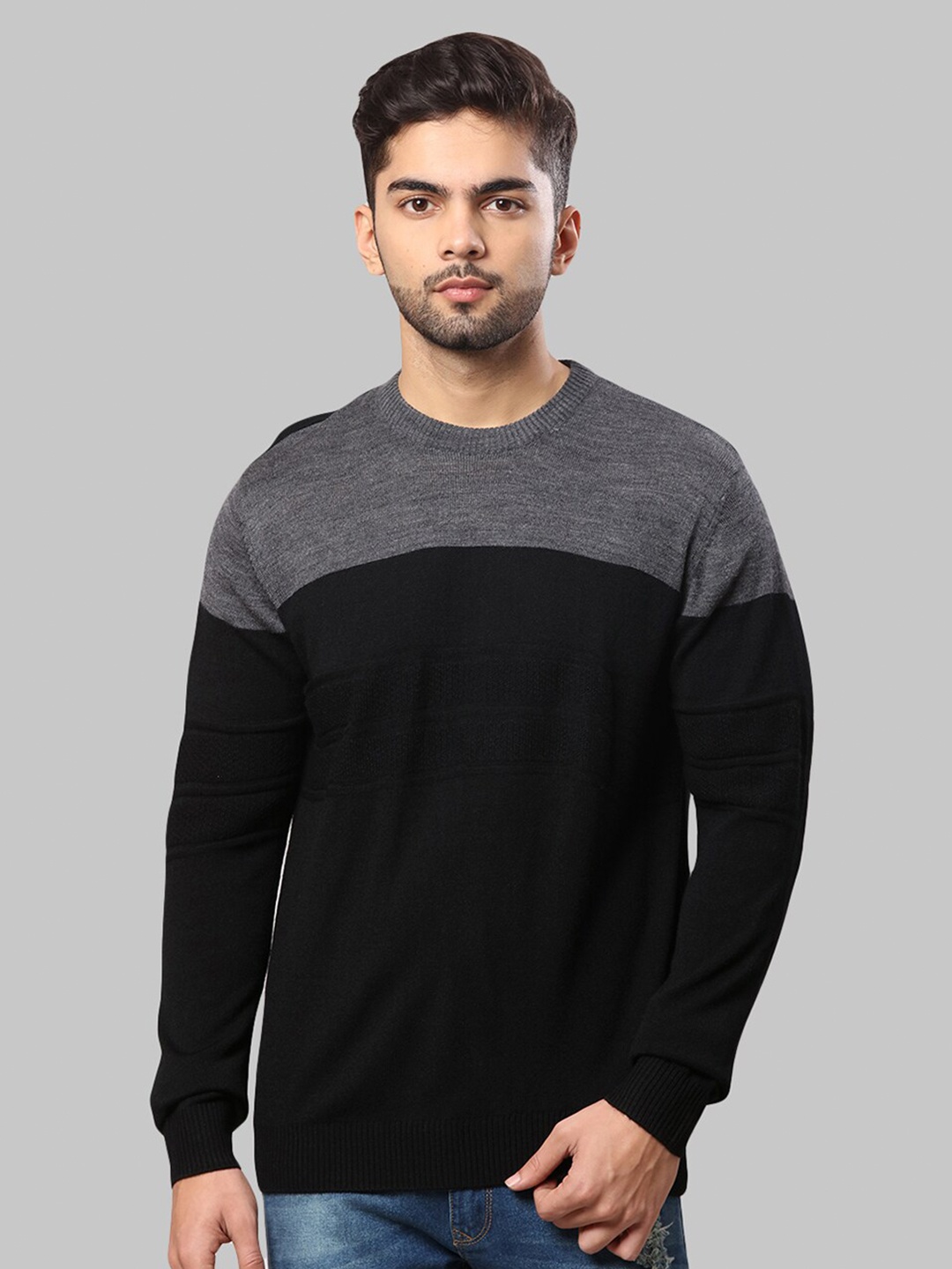 

Raymond Men Black & Grey Colourblocked Pullover