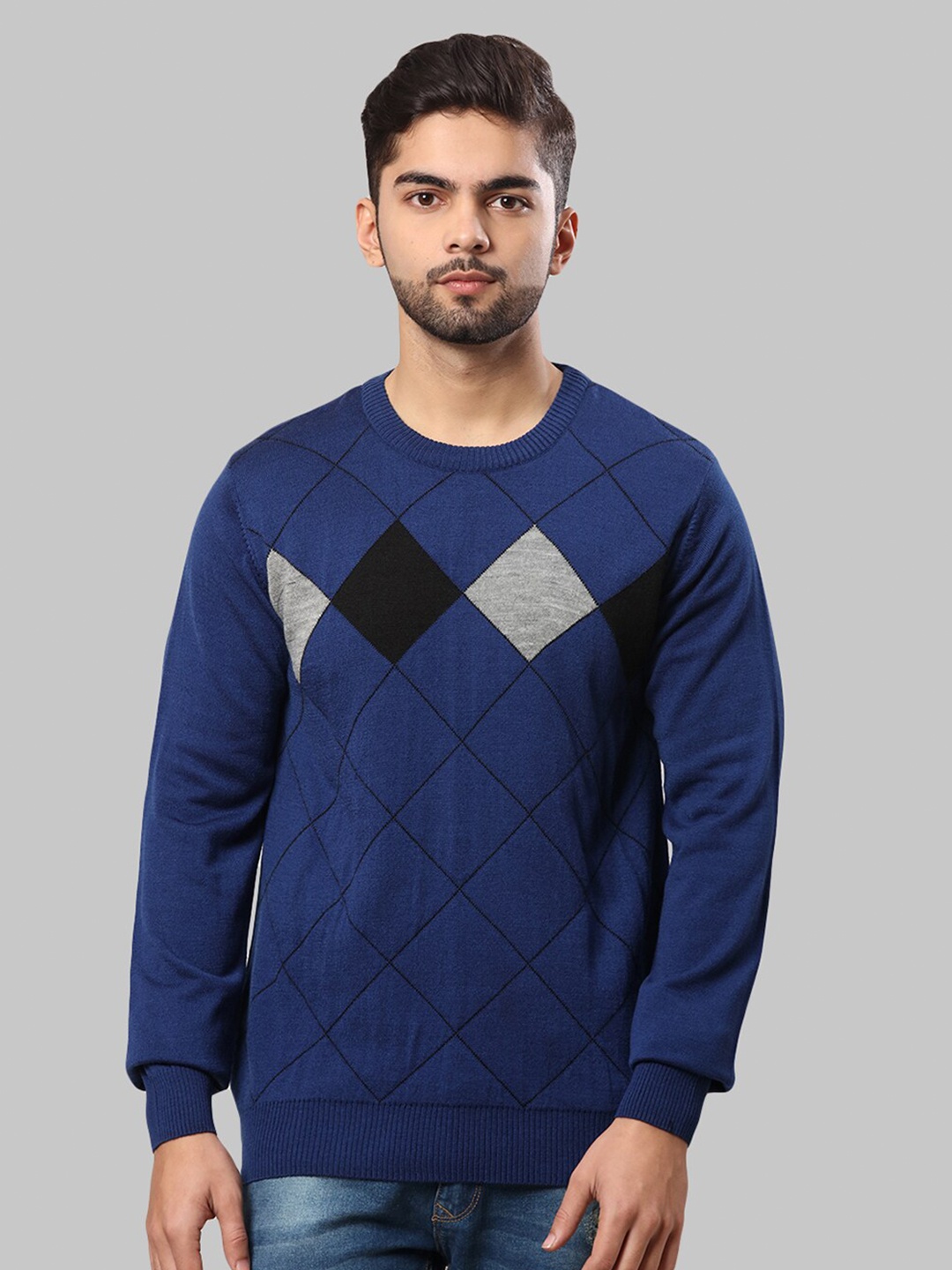 

Raymond Men Blue & Black Checked Pullover