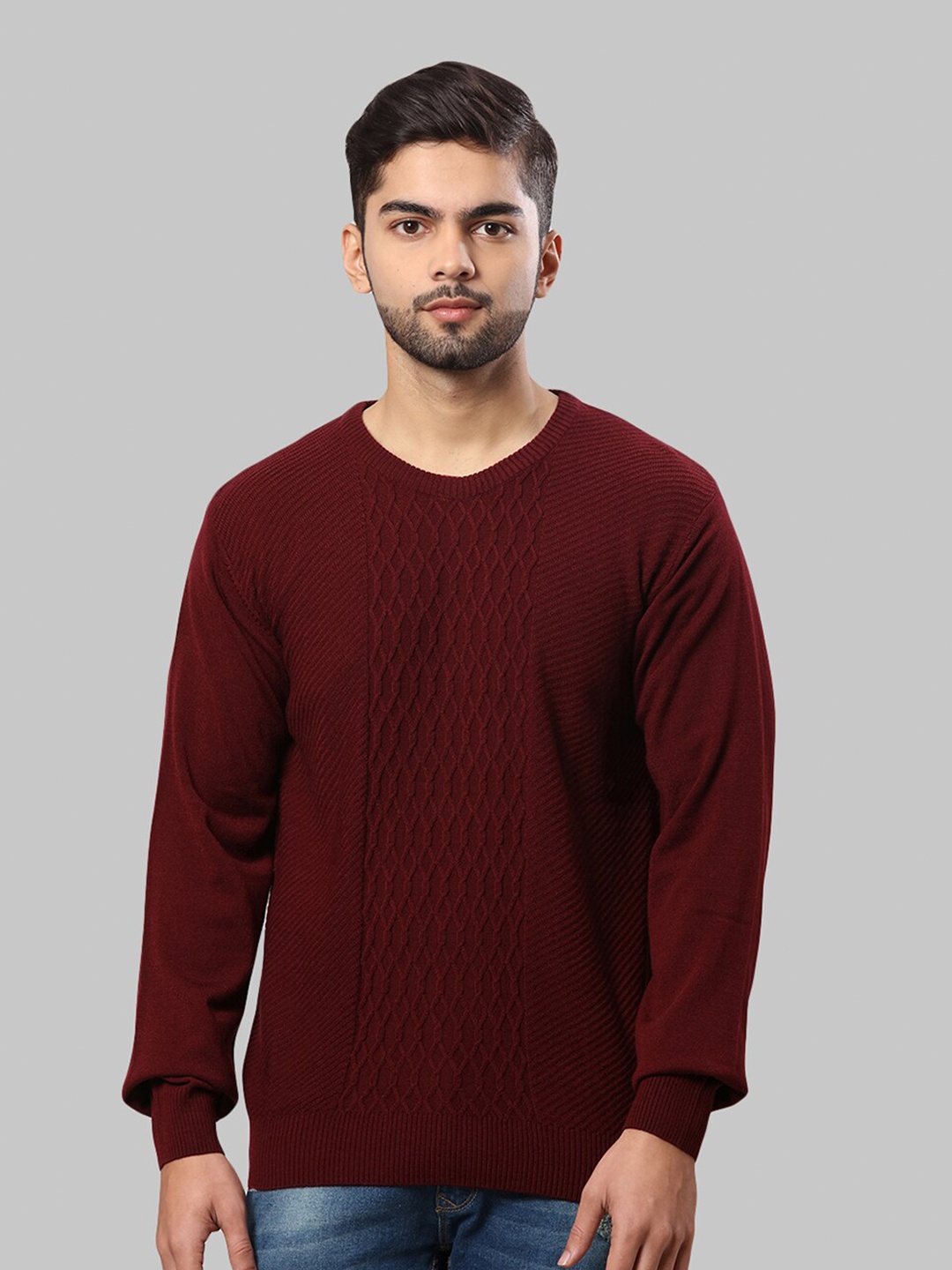 

Raymond Men Maroon Cable Knit Pullover Sweater