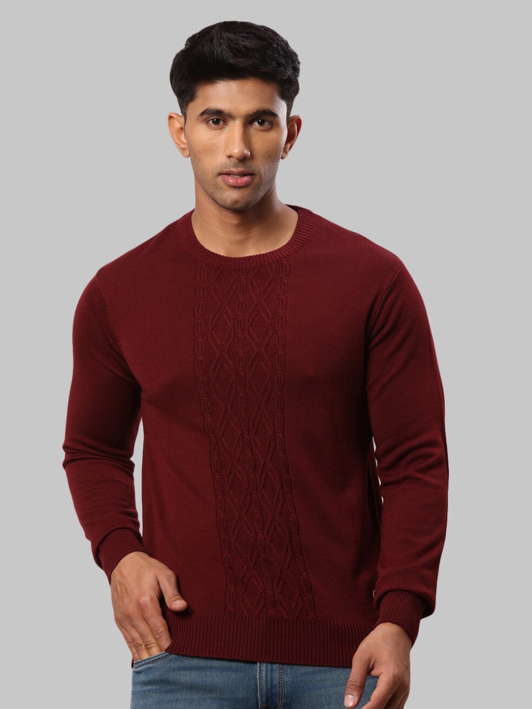 

Raymond Men Maroon Cable Knit Pullover Sweater