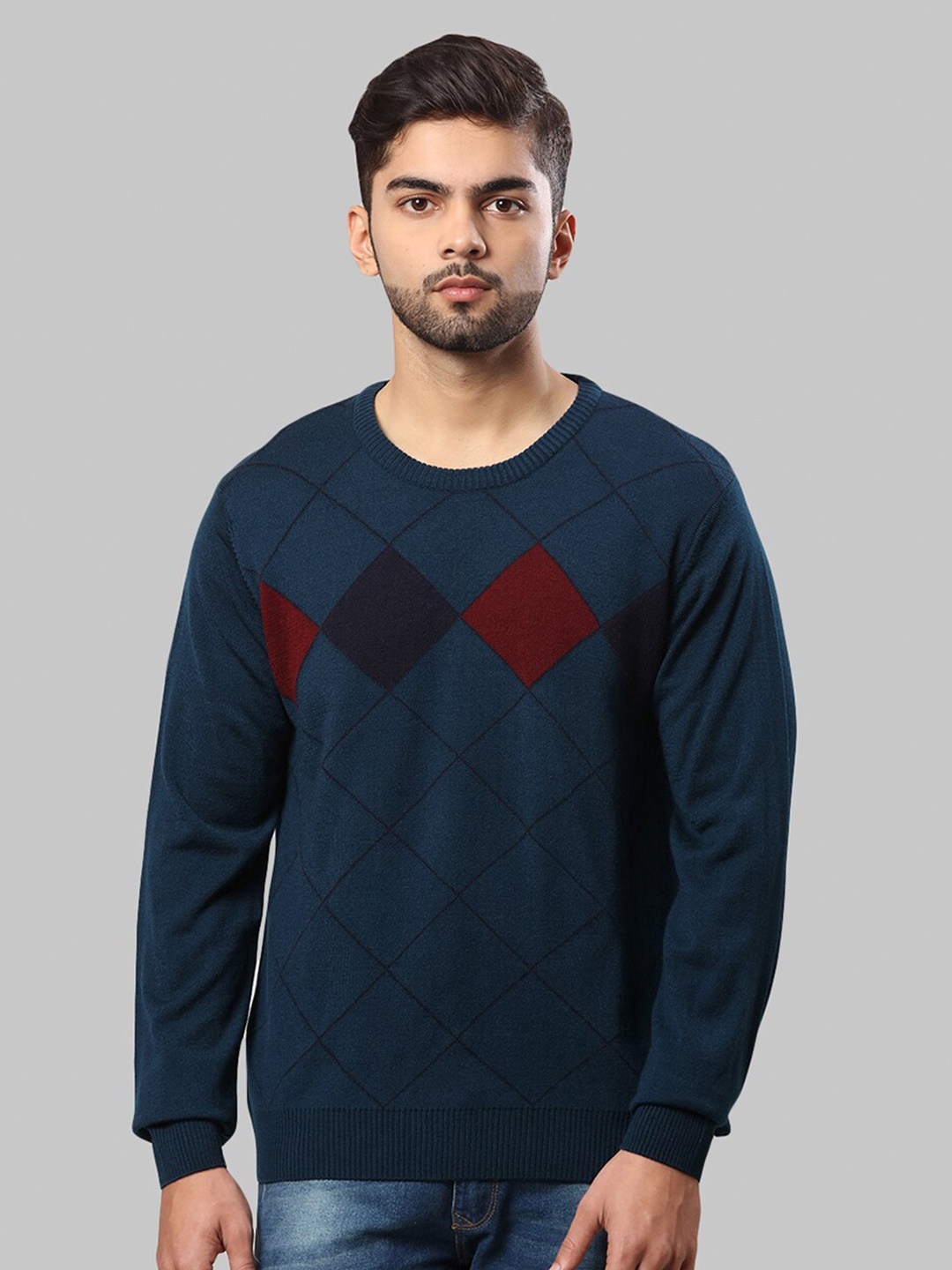 

Raymond Men Petrol Blue & Navy Blue Self Design Pullover Sweater