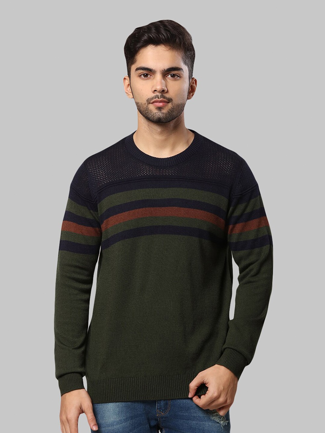 

Raymond Men Green & Navy Blue Striped Pullover Sweater