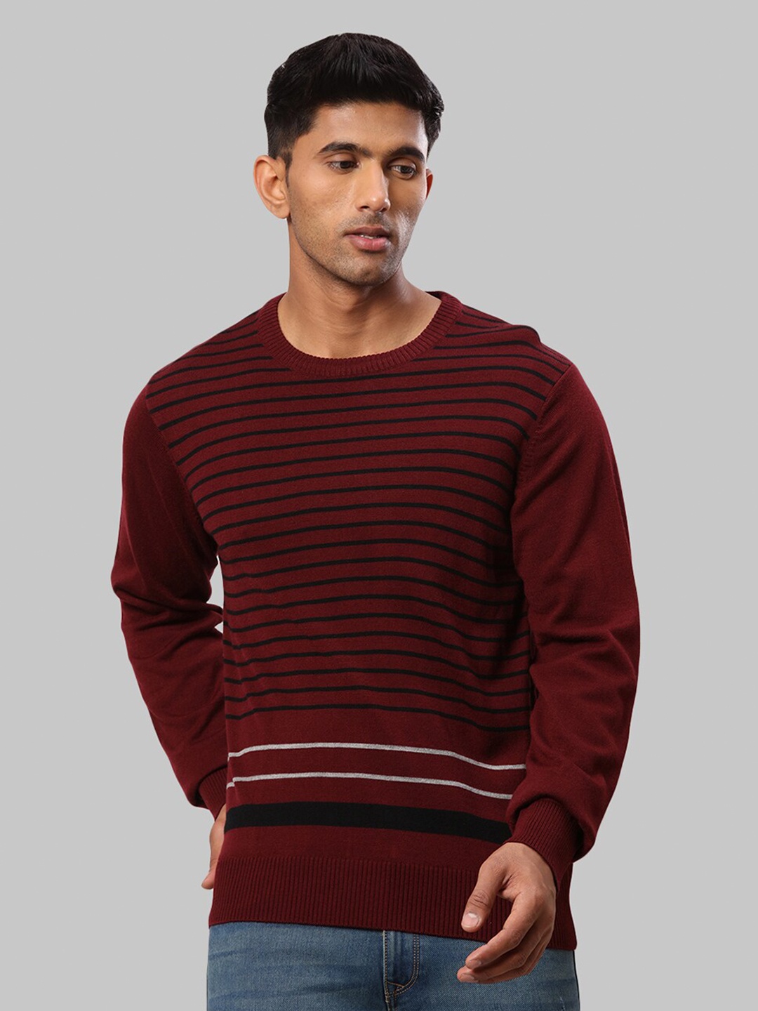 

Raymond Men Maroon & Black Striped Pullover Sweater