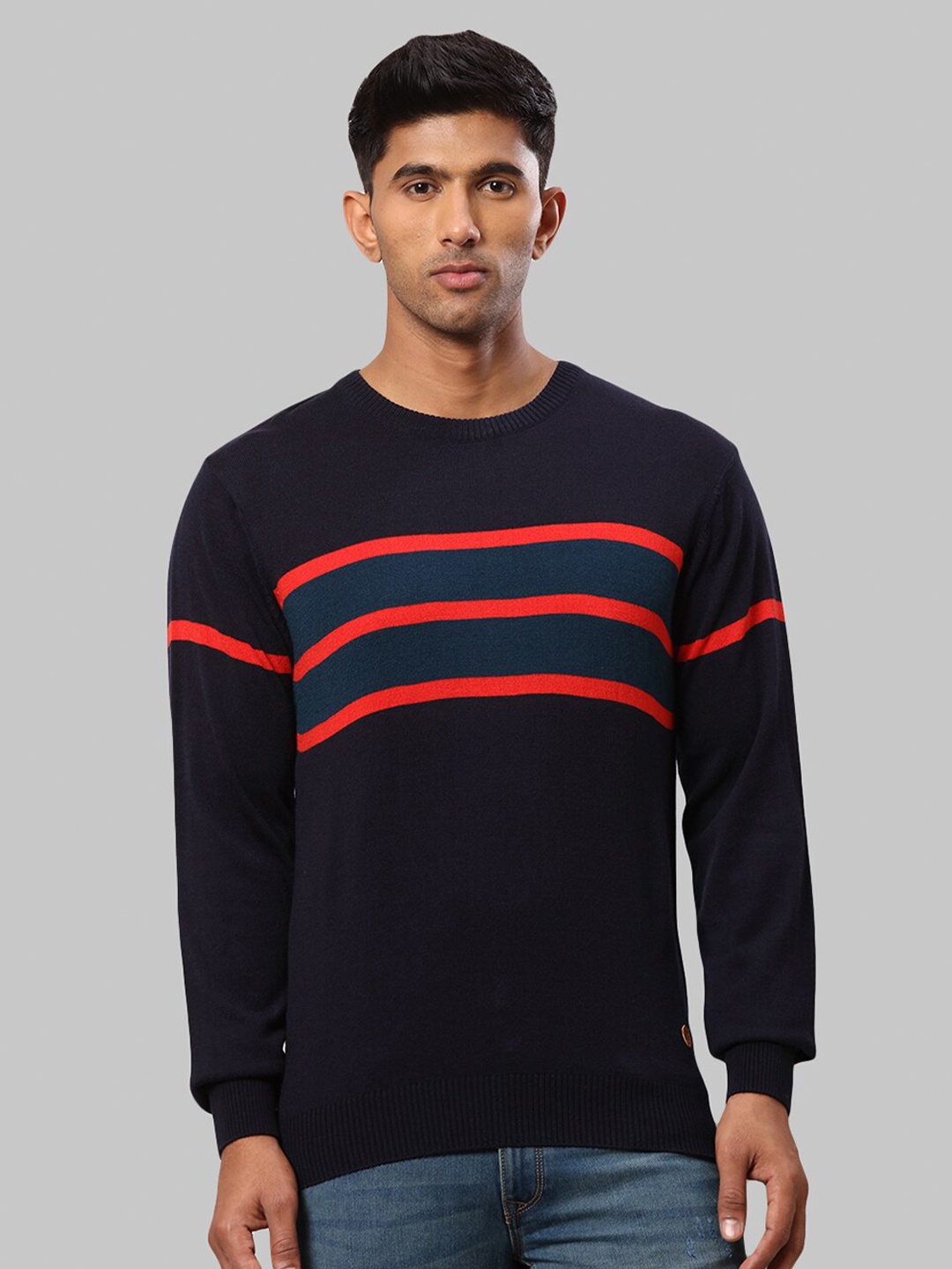 

Raymond Men Navy Blue & Red Striped Pullover Sweater