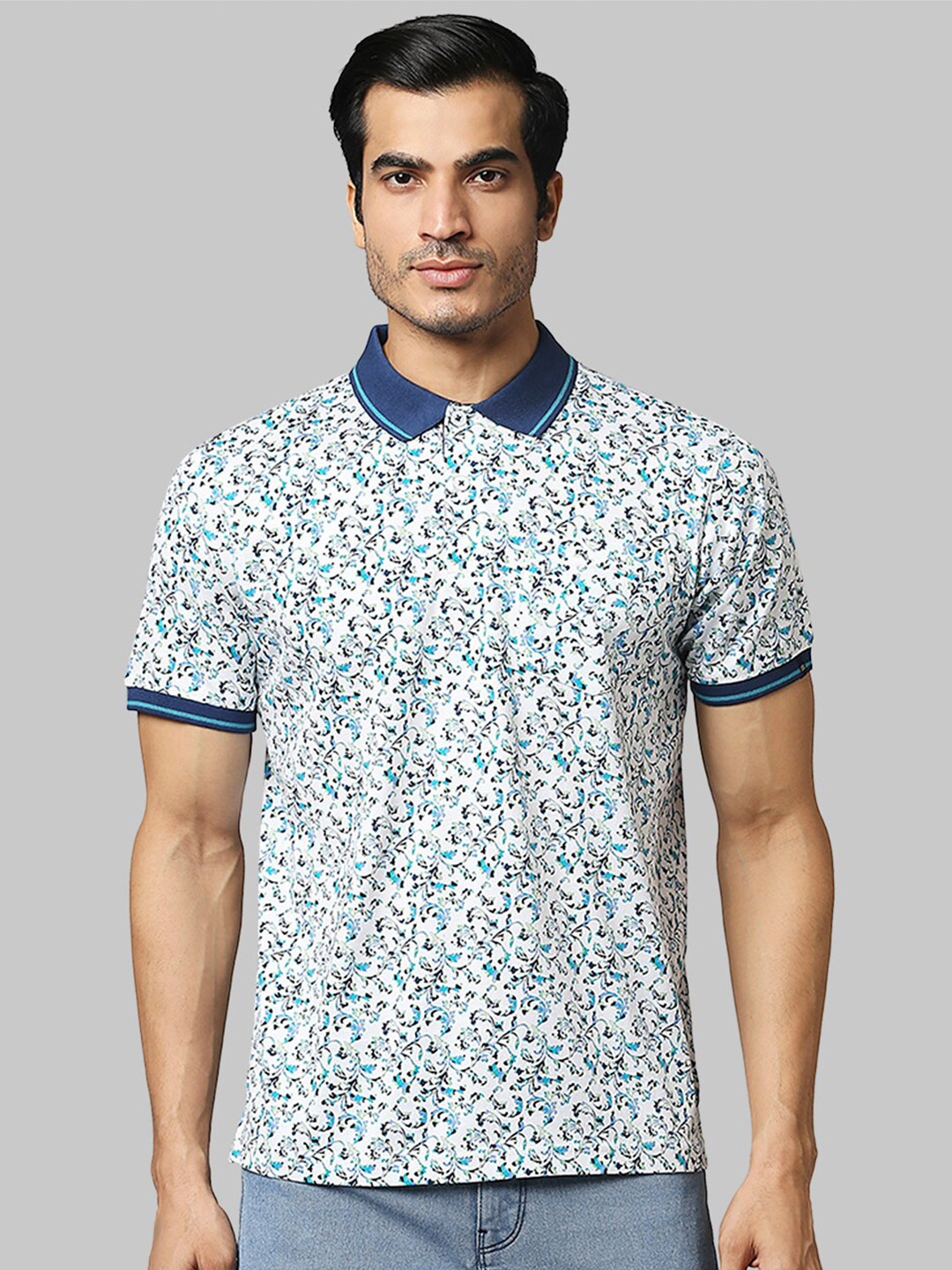 

Raymond Men Floral Printed Polo Collar Cotton T-shirt, Blue