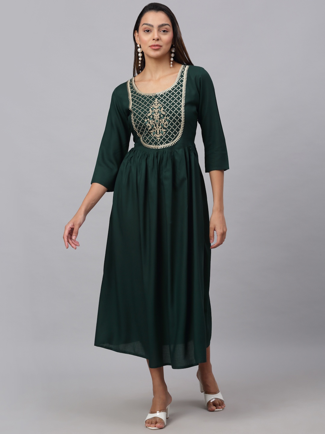 

KALINI Floral Yoke Design Thread Work A-Line Empire Kurta, Lime green