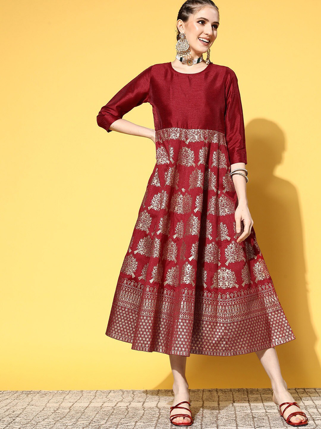 

Shae by SASSAFRAS Maroon Ethnic Printed Flared A-Line Dress
