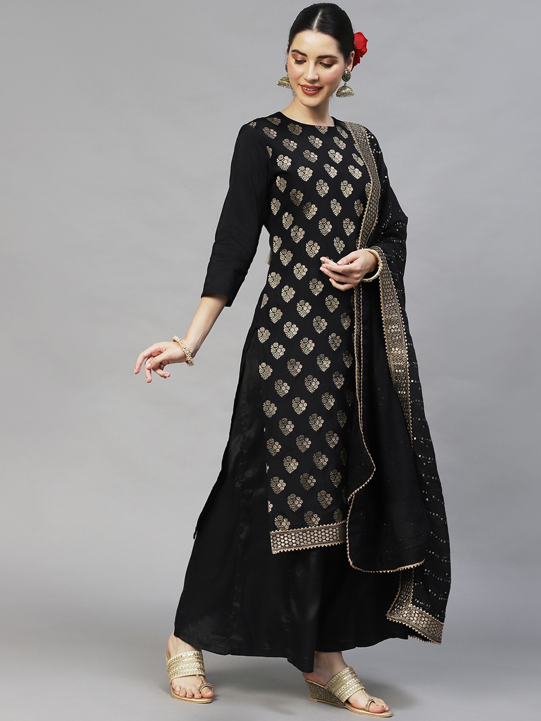 

Ishin Women Black Floral Sequinned Chanderi Silk Kurta with Sharara & With Dupatta