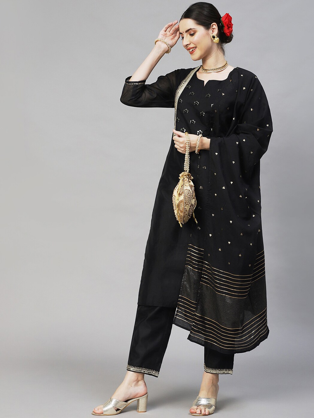 

Ishin Women Black Embroidered Sequinned Kurta with Trousers & With Dupatta