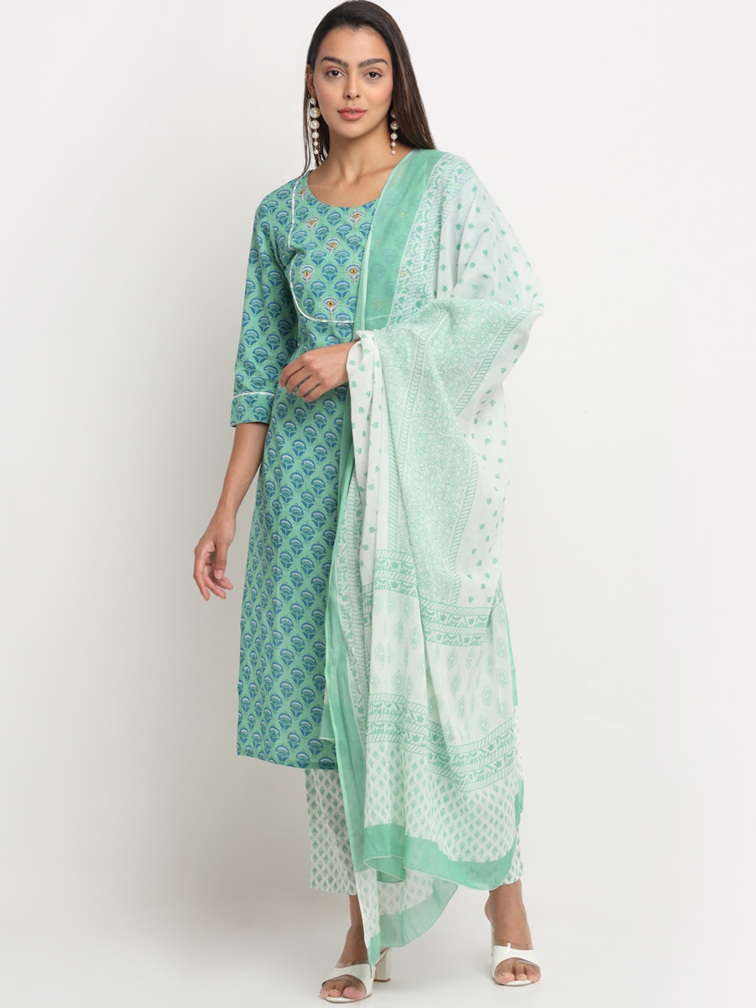 

KALINI Women Green Floral Printed Thread Work Pure Cotton Kurta with Trousers & With Dupatta