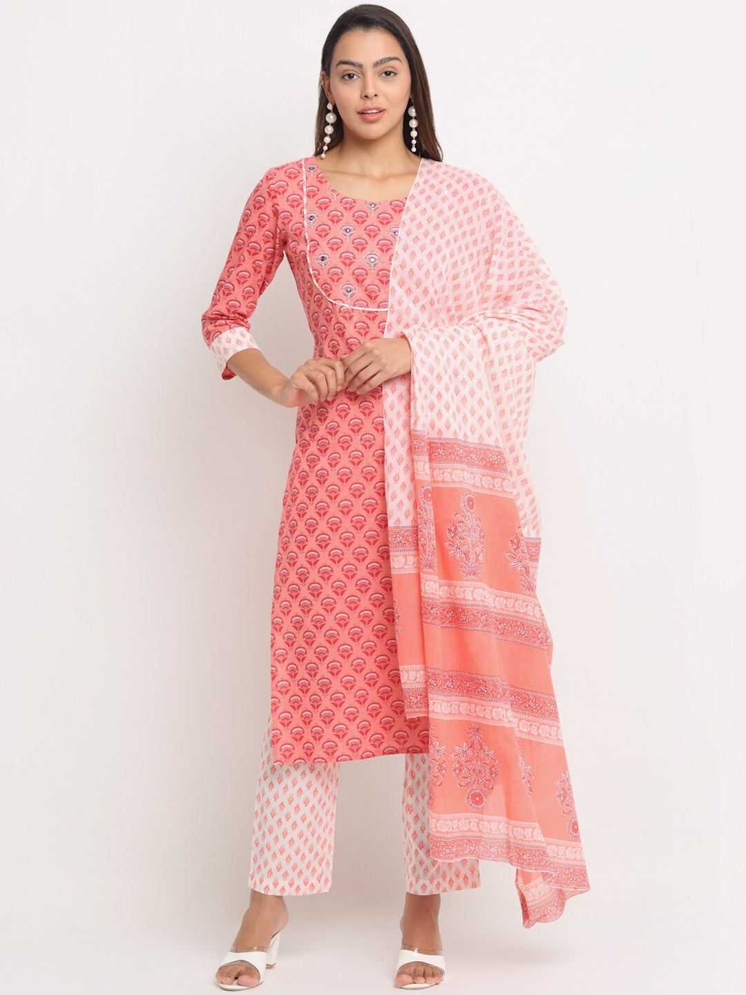 

KALINI Floral Printed Thread Work Pure Cotton Kurta with Trousers & With Dupatta, Peach