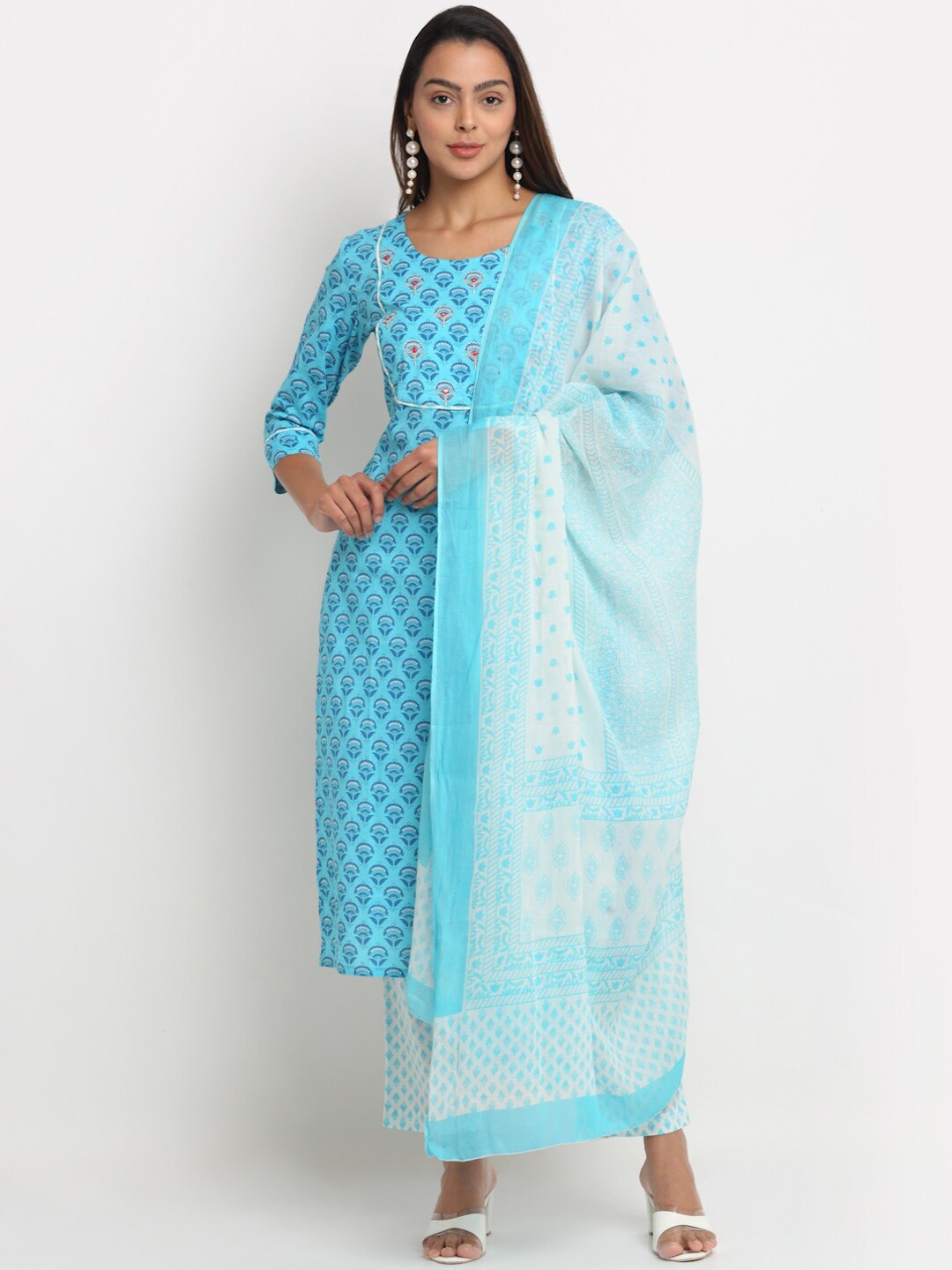 

KALINI Ethnic Motifs Printed Thread Work Pure Cotton Kurta With Trousers & With Dupatta, Turquoise blue