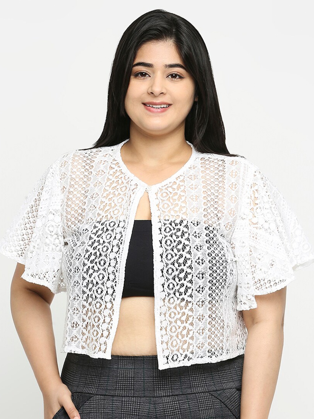 

Style Quotient Plus Size Self Design Lace Open Front Smart Casual Shrug, White