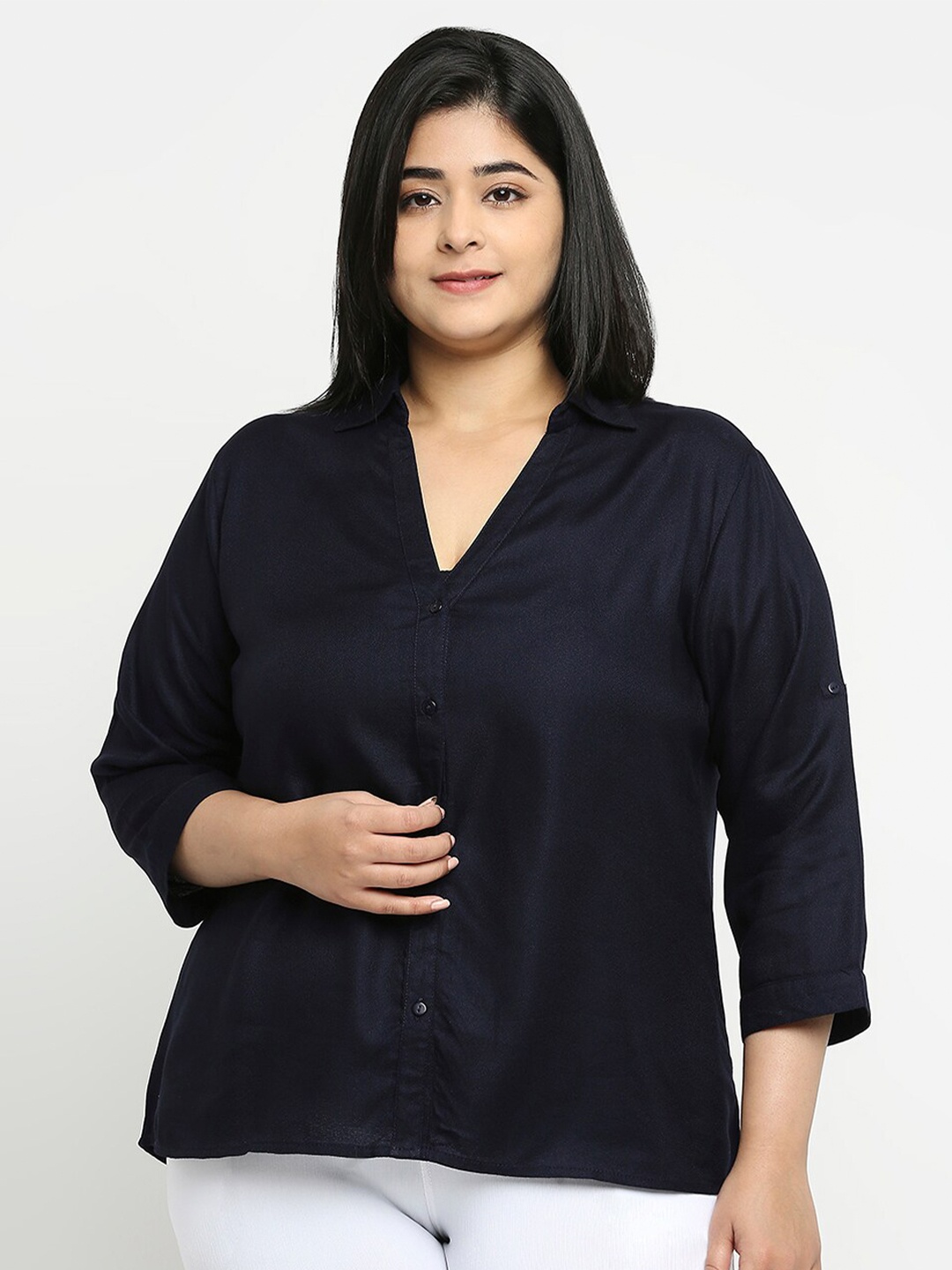 

Style Quotient Women Plus Size Mandarin Collar Casual Shirt, Navy blue