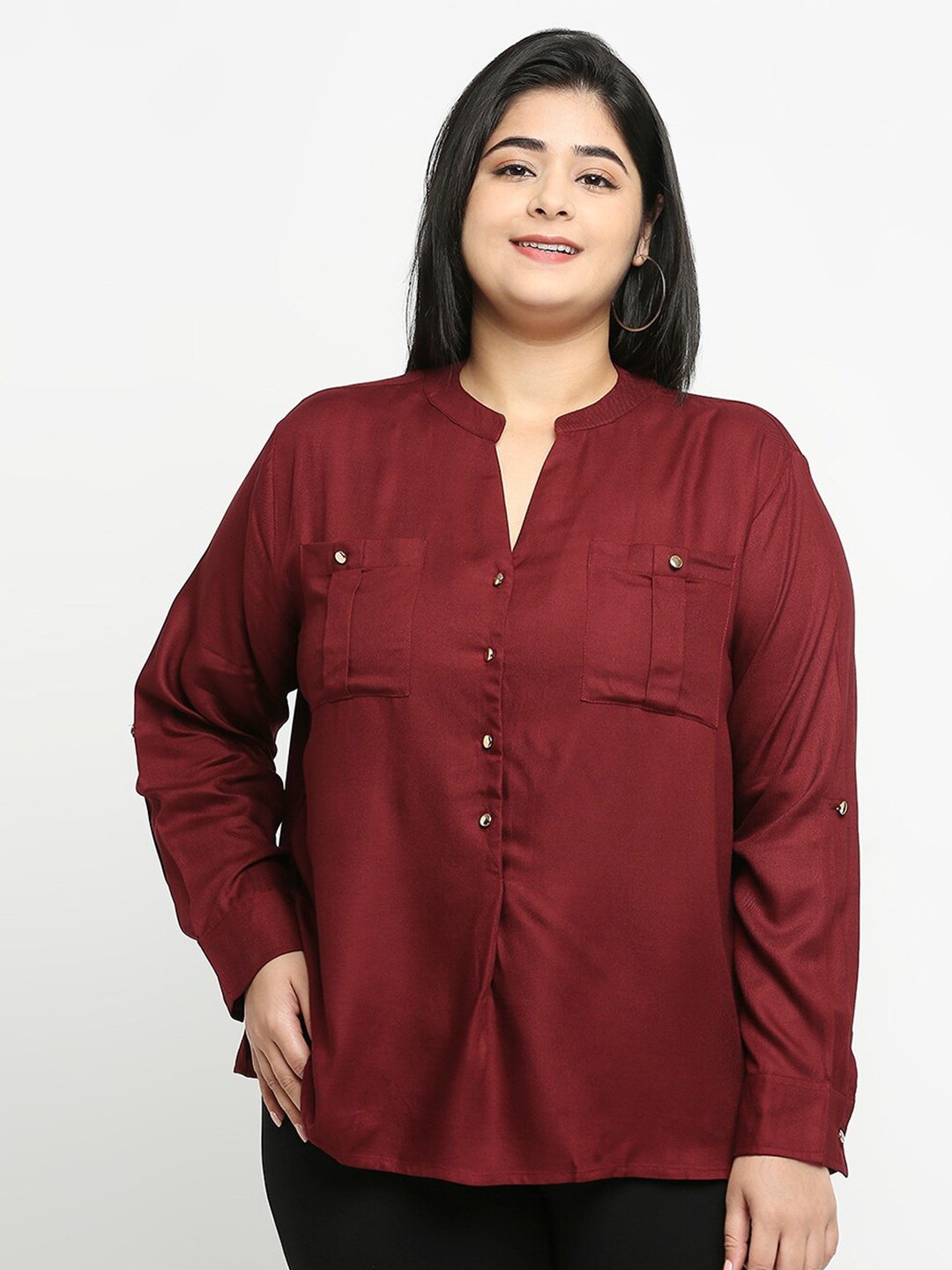 

Style Quotient Women Plus Size Maroon Mandarin Collar Casual Shirt