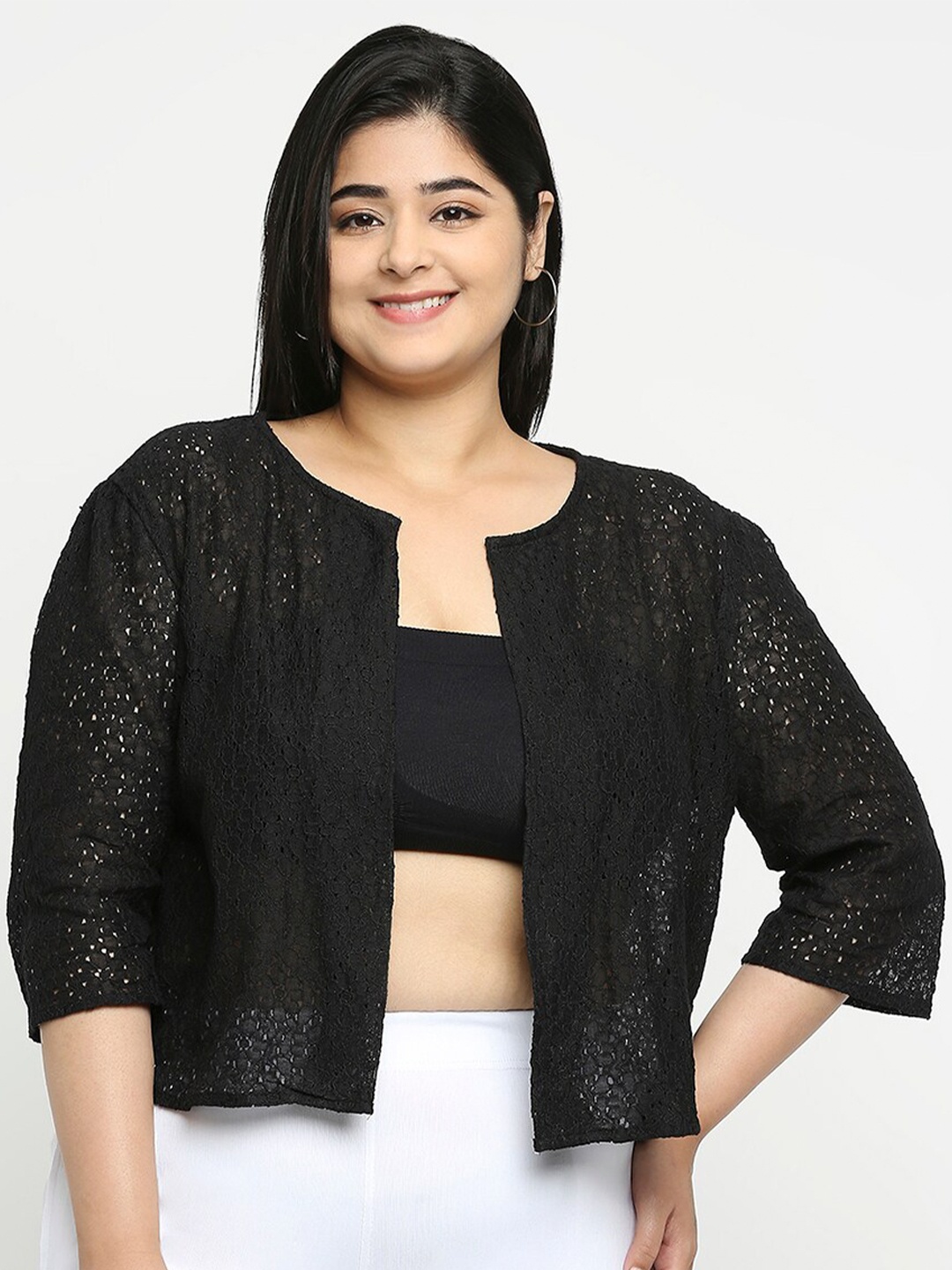 

Style Quotient Plus Size Women Self Design Floral Lace Open Front Smart Casual Shrug, Black