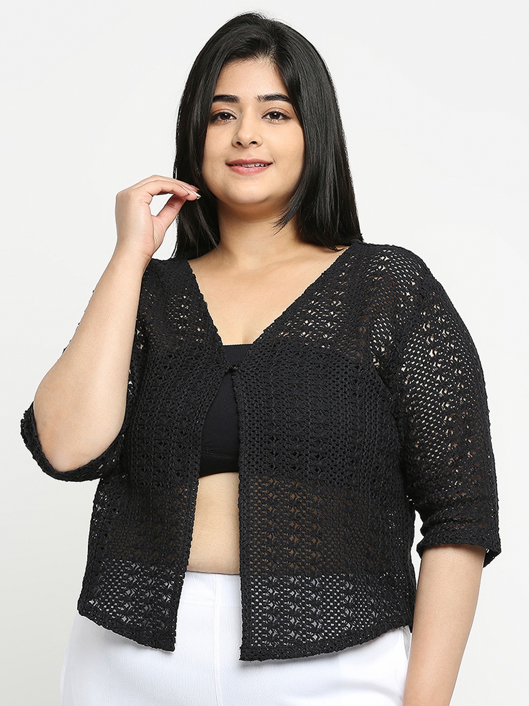 

Style Quotient Plus Size Women Self Design Lace Open Front Smart Casual Shrug, Black