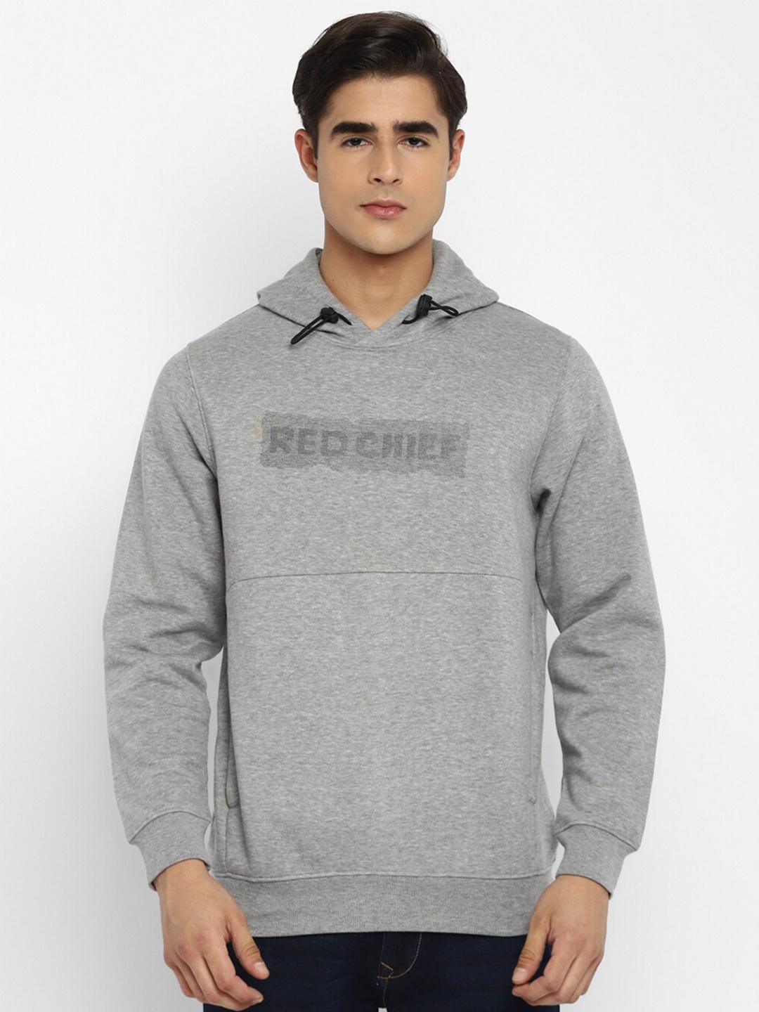 

Red Chief Men Grey Printed Cotton Hooded Sweatshirt
