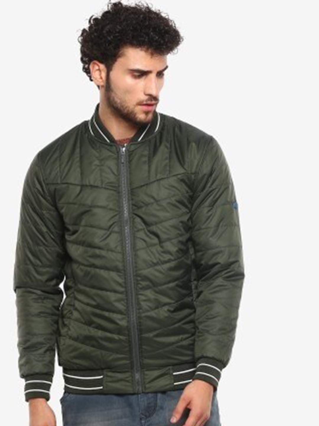 

Red Chief Men Olive Green Striped Lightweight Crop Bomber Jacket