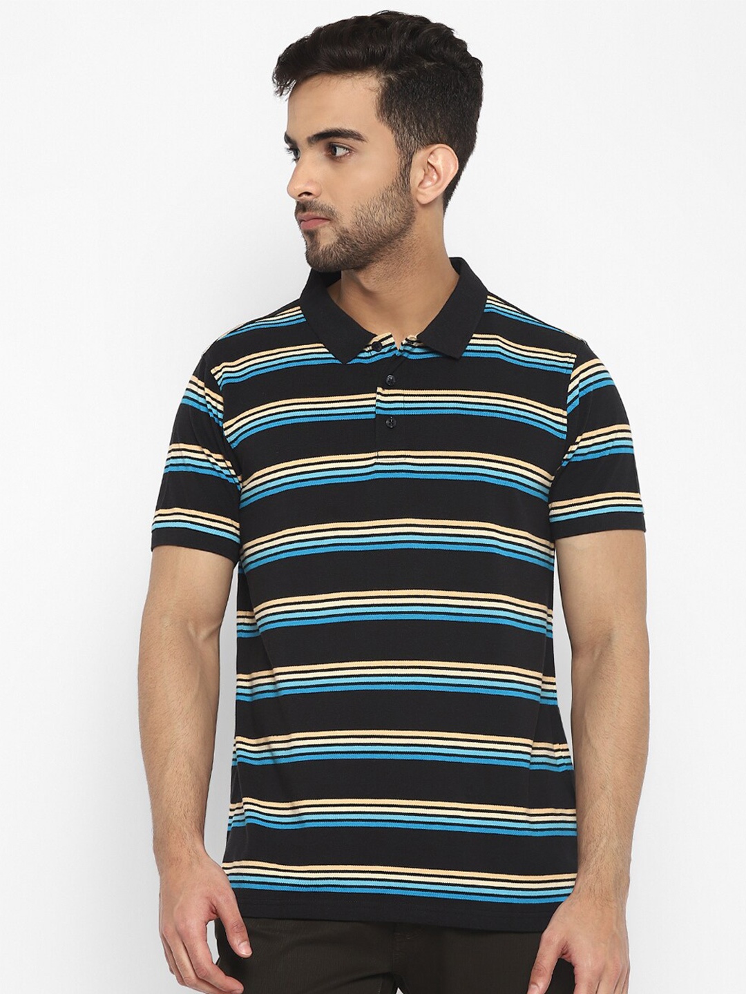 

Red Chief Men Black & Blue Striped Polo Collar Cotton T-shirt