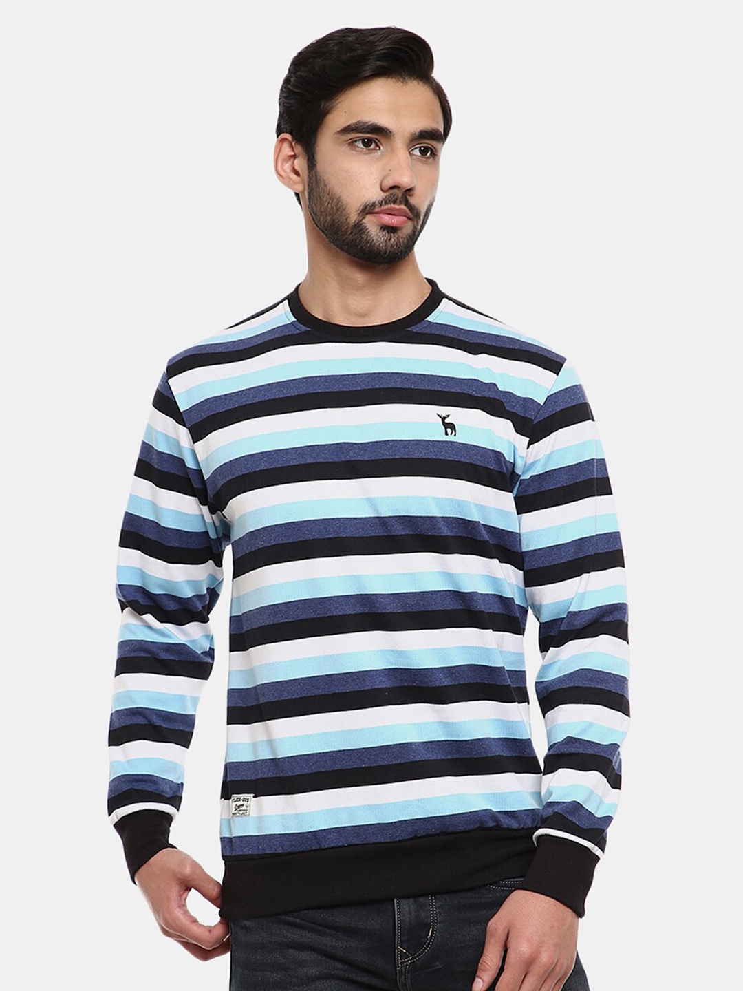 

V-Mart Men Teal Striped Cotton Sweatshirt