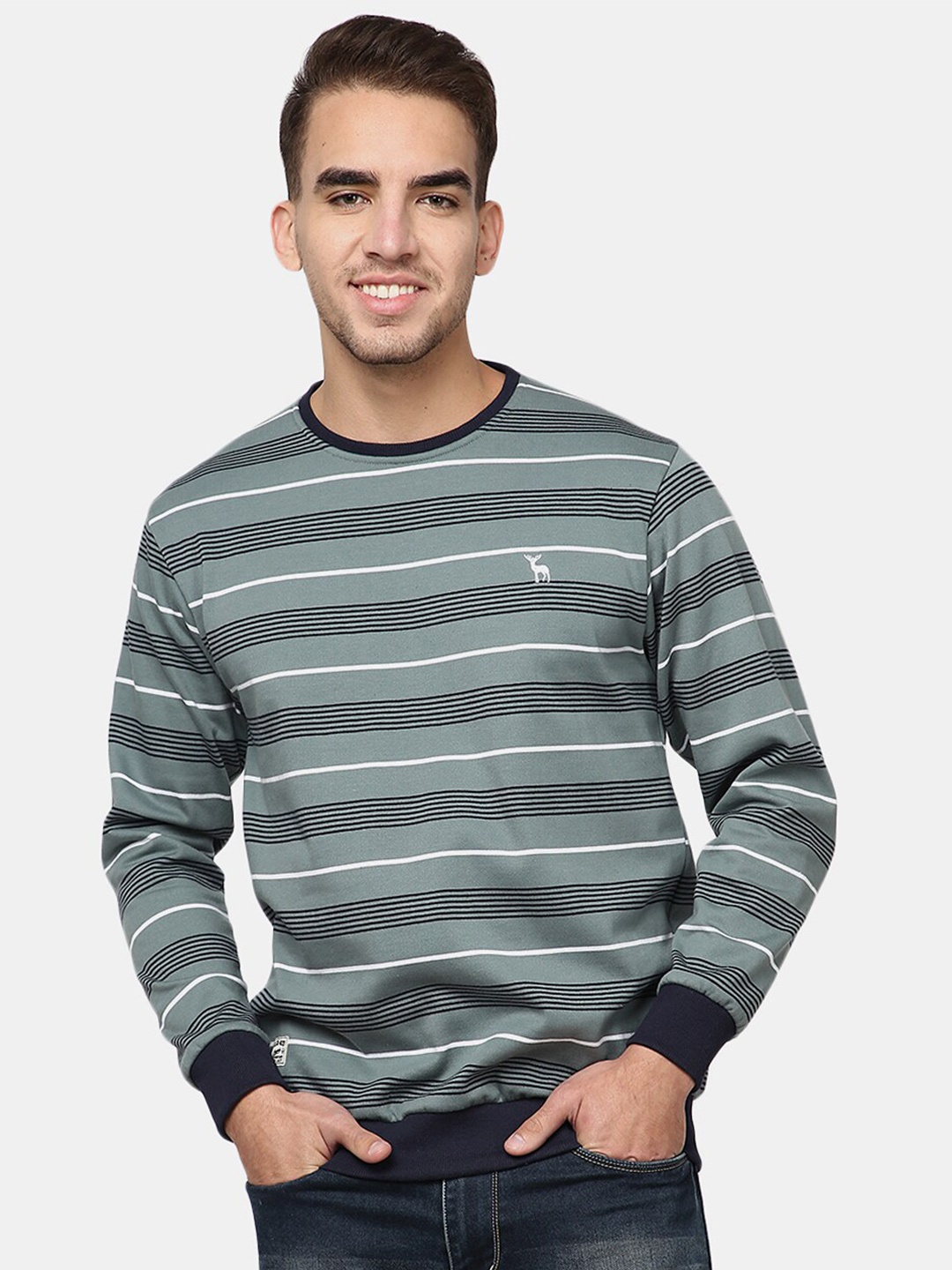 

V-Mart Men Green Striped Cotton Sweatshirt