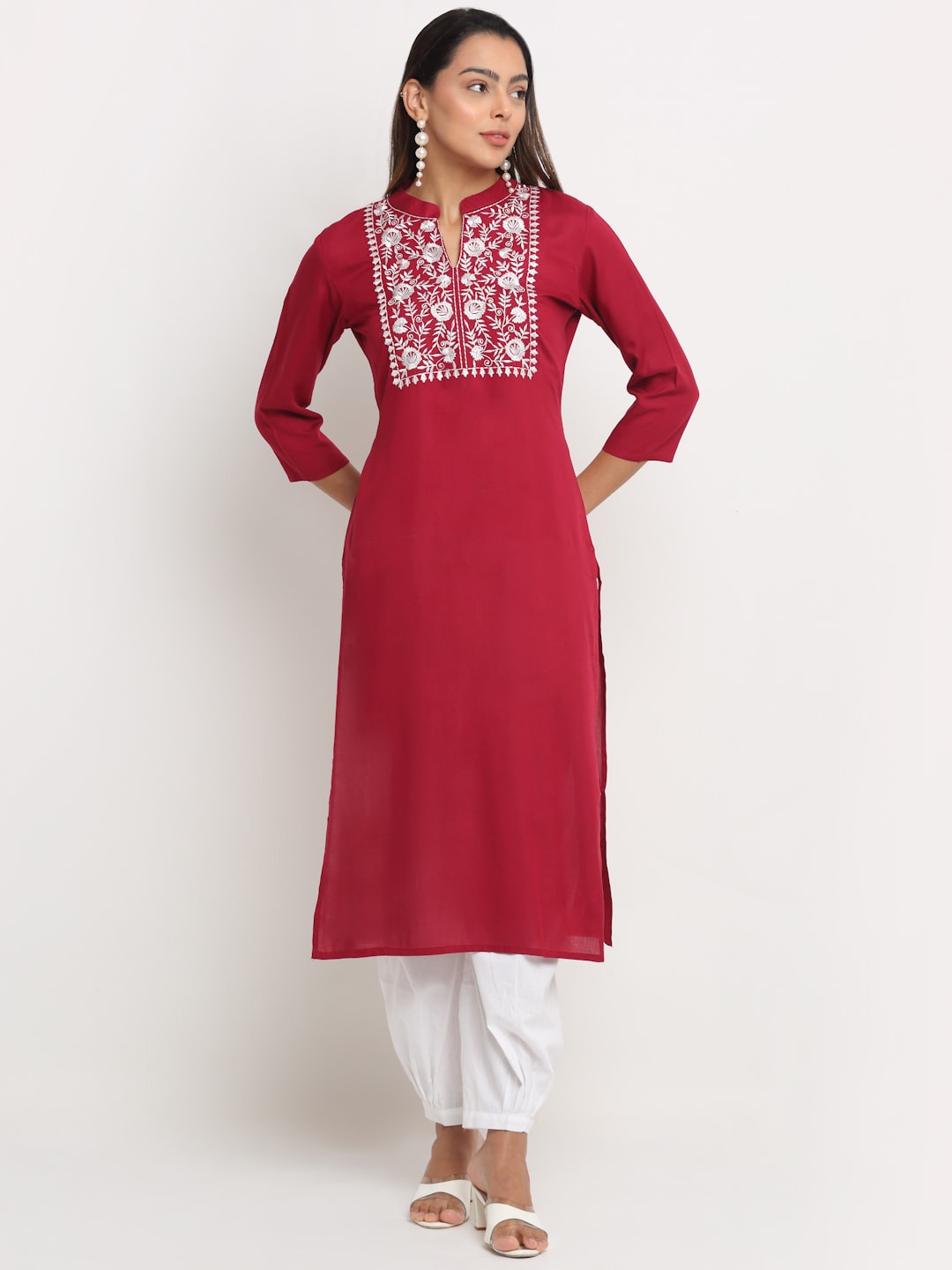 

KALINI Yoke Design Thread Work Floral Mandarin Collar Empire Kurta, Red