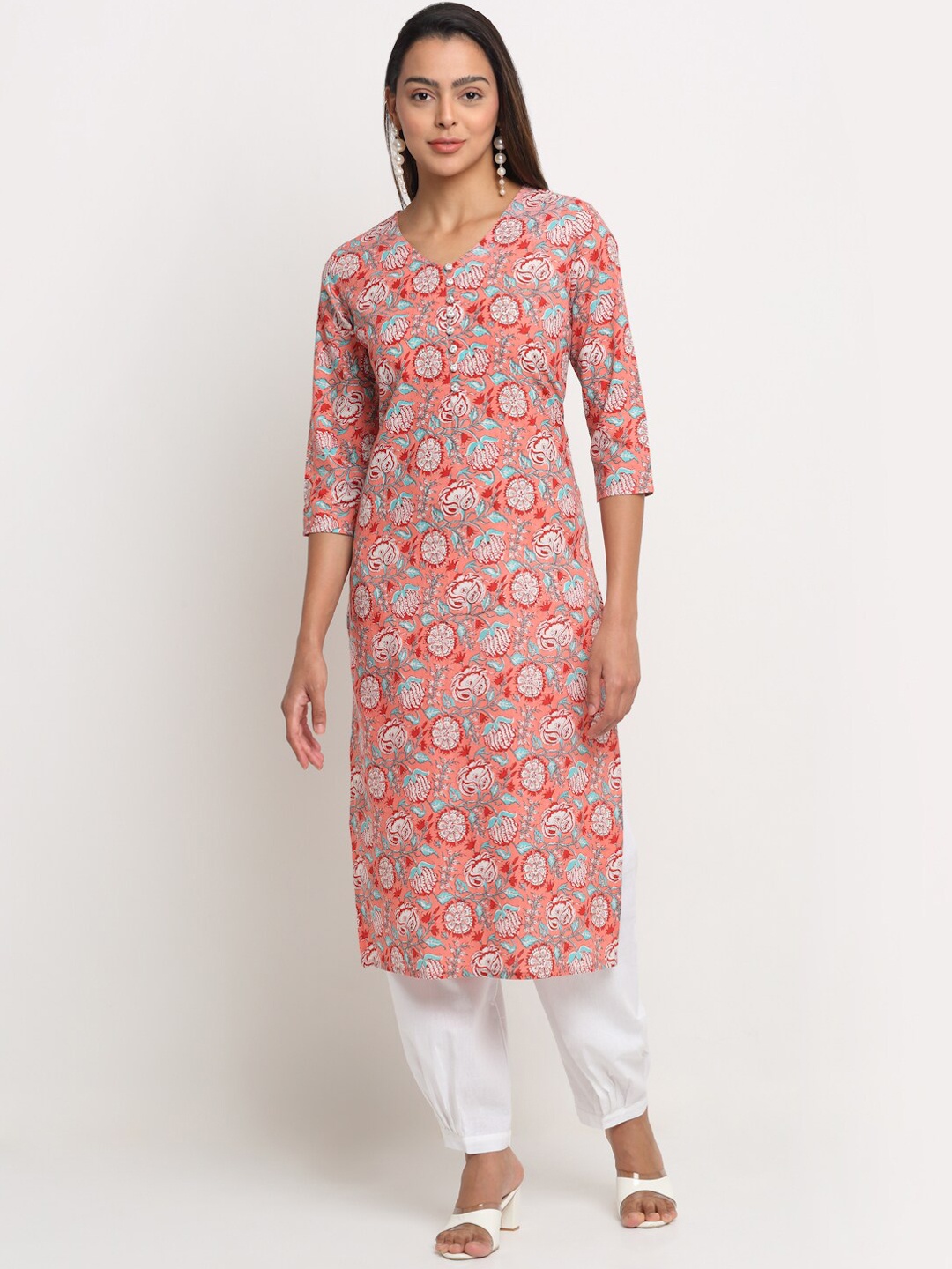 

KALINI Floral Printed Sequins Straight Regular Pure Cotton Kurta, Peach