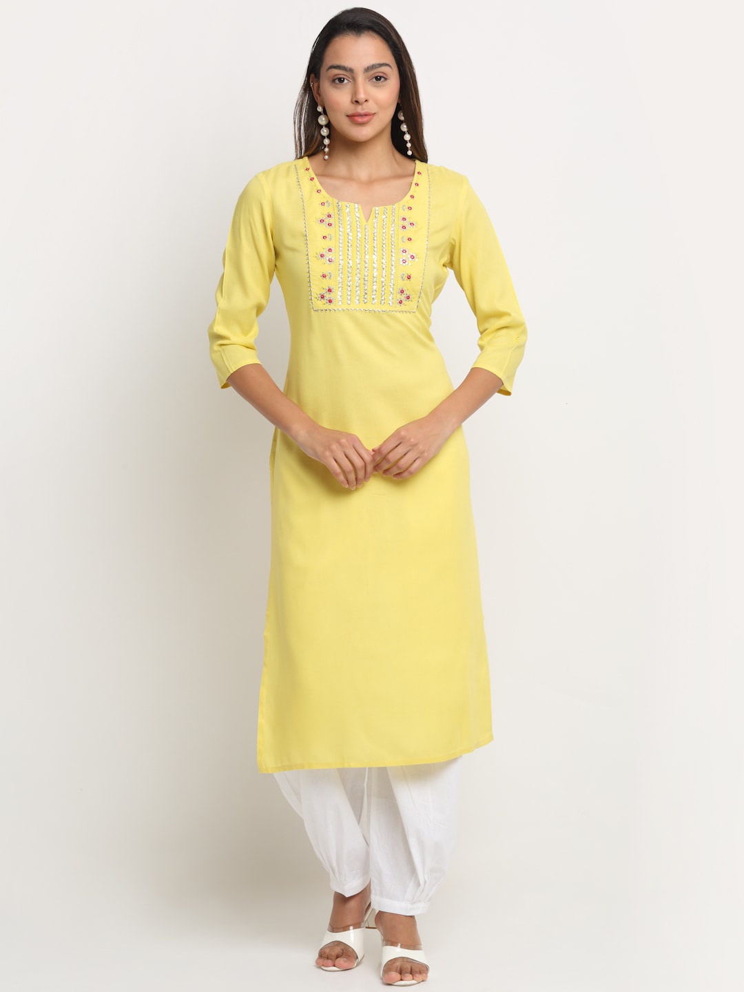 

KALINI Floral Yoke Design Thread Work Notched Neck Kurta, Yellow