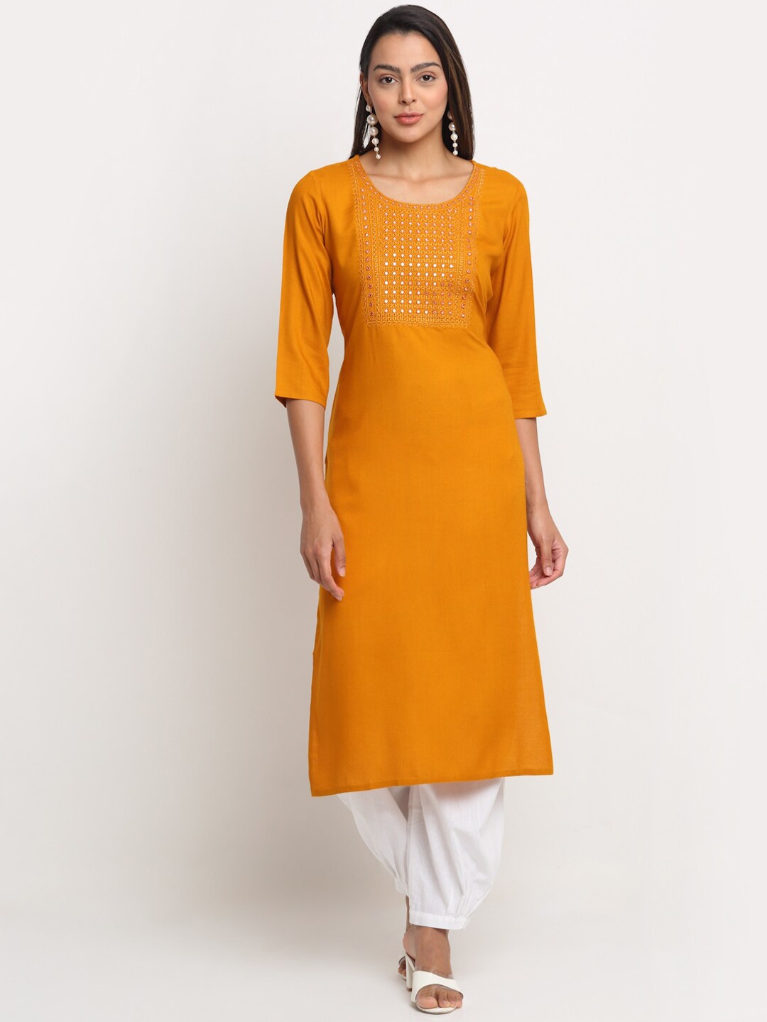 

KALINI Yoke Design Mirror Work Round Neck Straight Regular Fit Kurta, Mustard