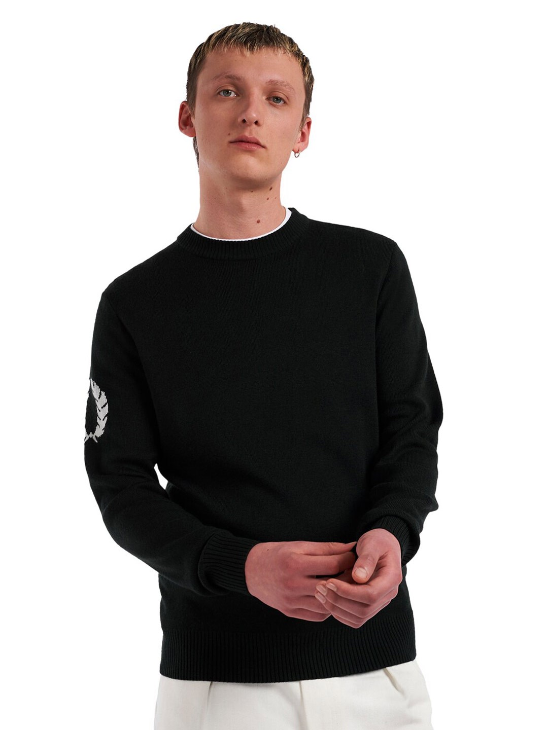 

Fred Perry Men Green & White Men Round Neck Long Sleeves Wool Pullover